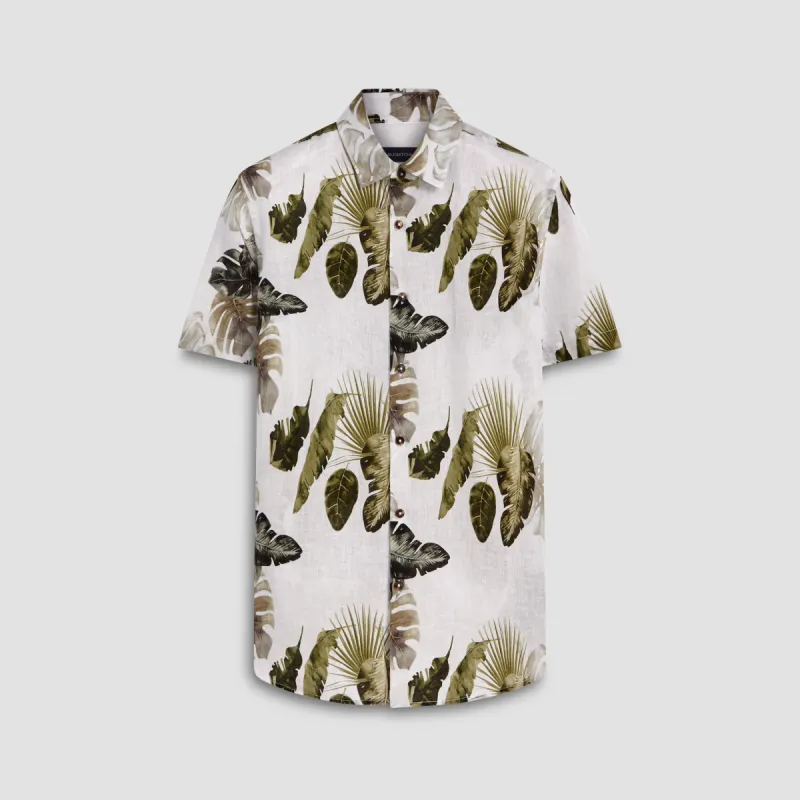 Orson Leaf Print Short Sleeve Linen Shirt sold by Bugatchi