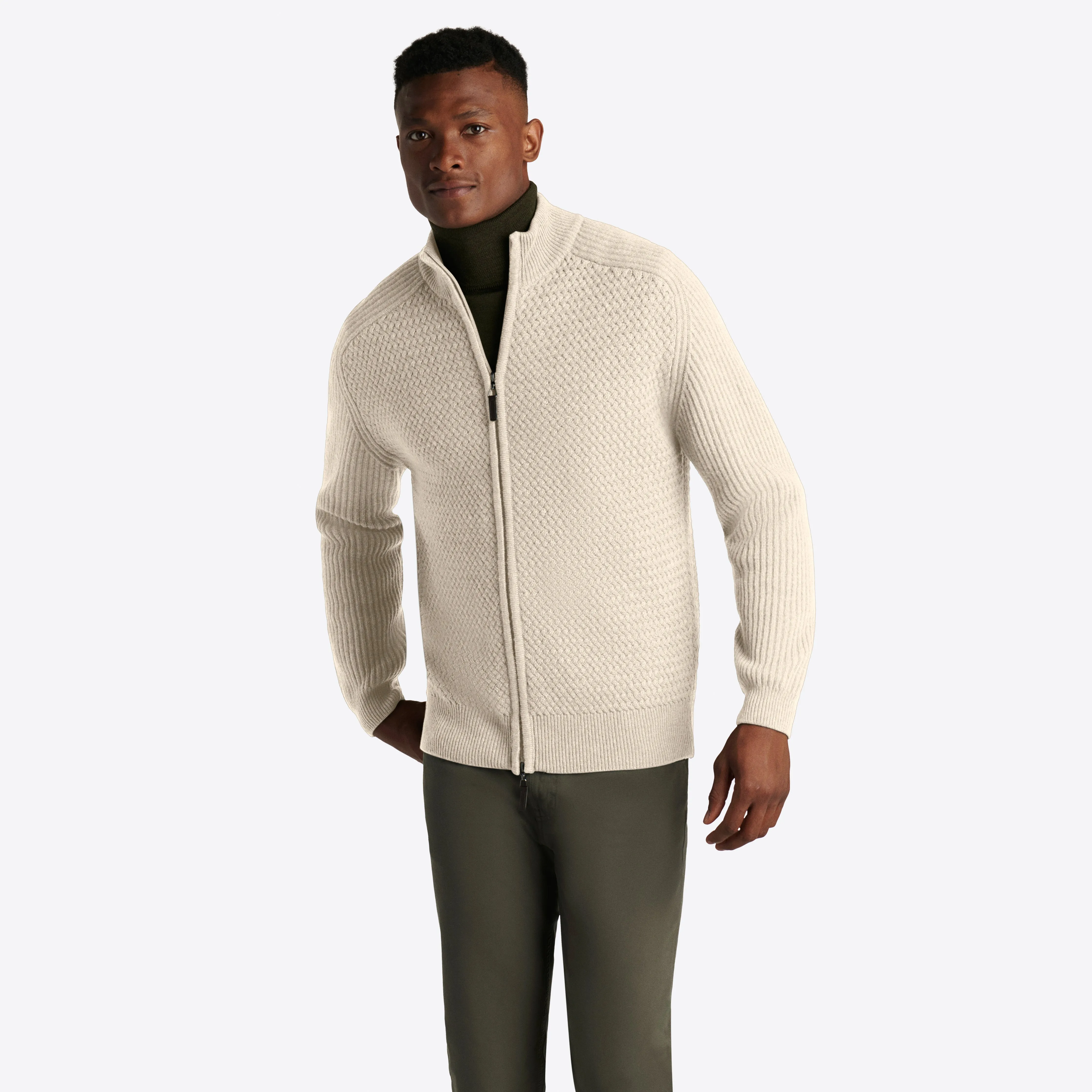 Basketweave Knit Full Zip Mock Neck Sweater sold by Bugatchi product image thumbnail 3