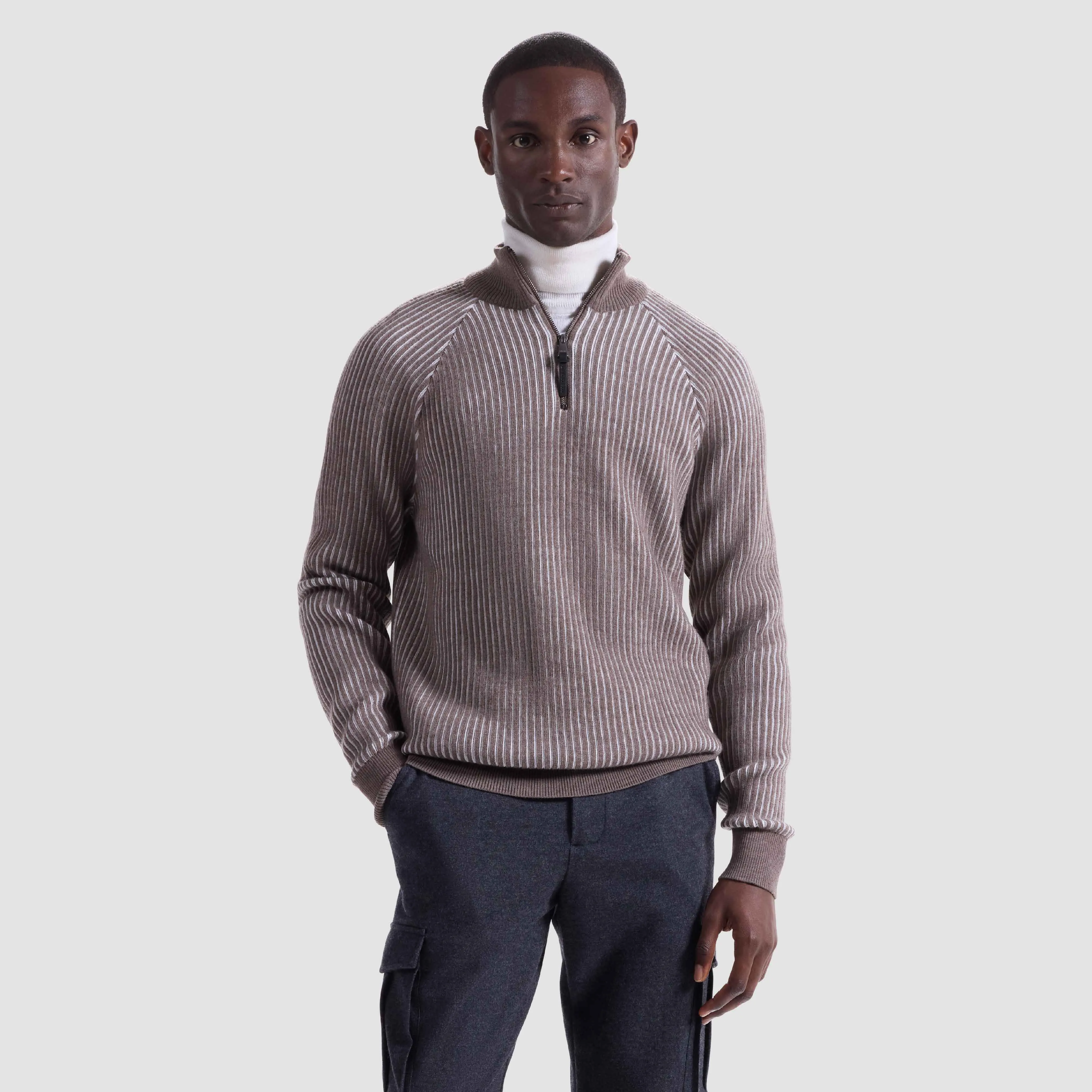 Two-Tone Rib Knit Quarter Zip Sweater sold by Bugatchi product image thumbnail 3