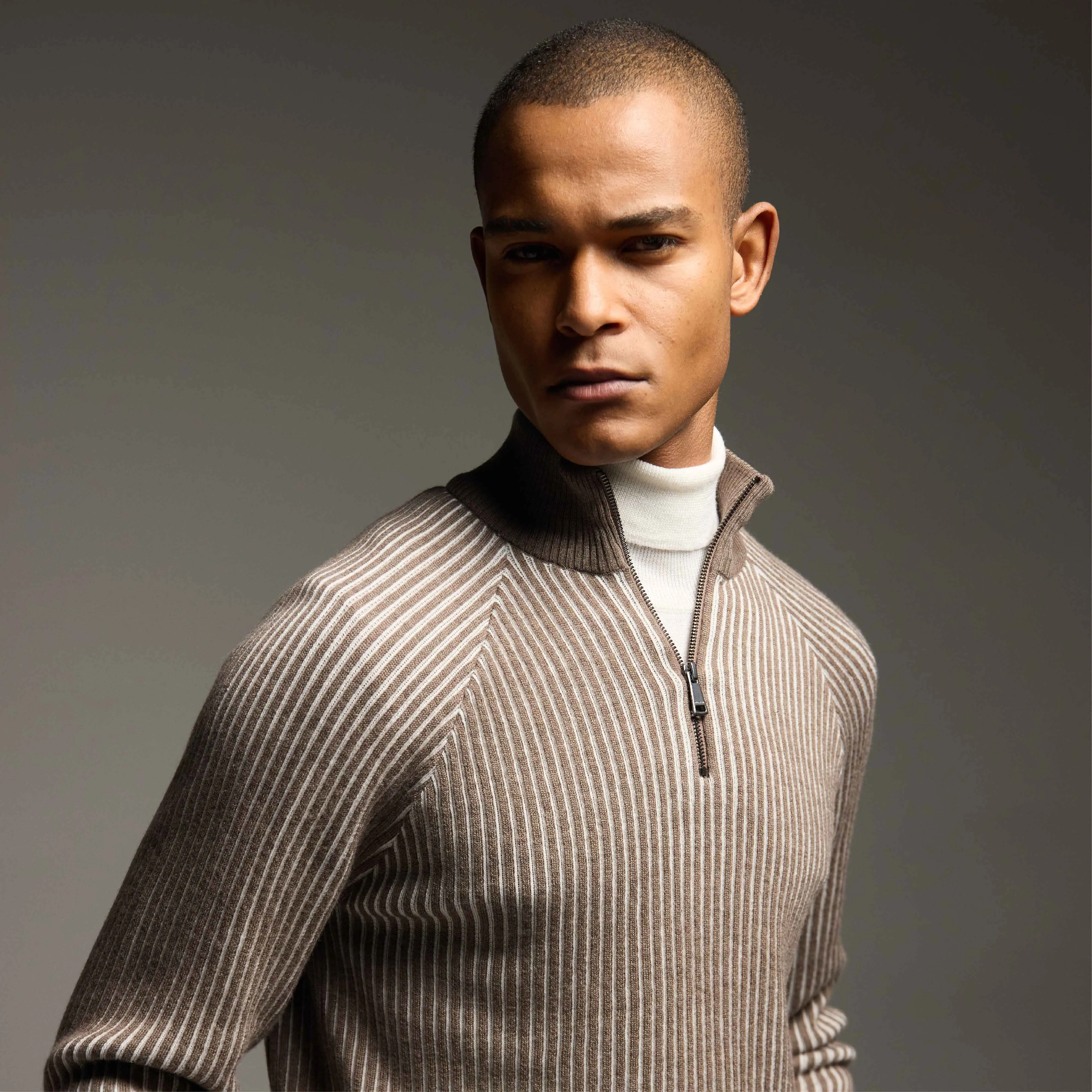 Two-Tone Rib Knit Quarter Zip Sweater sold by Bugatchi