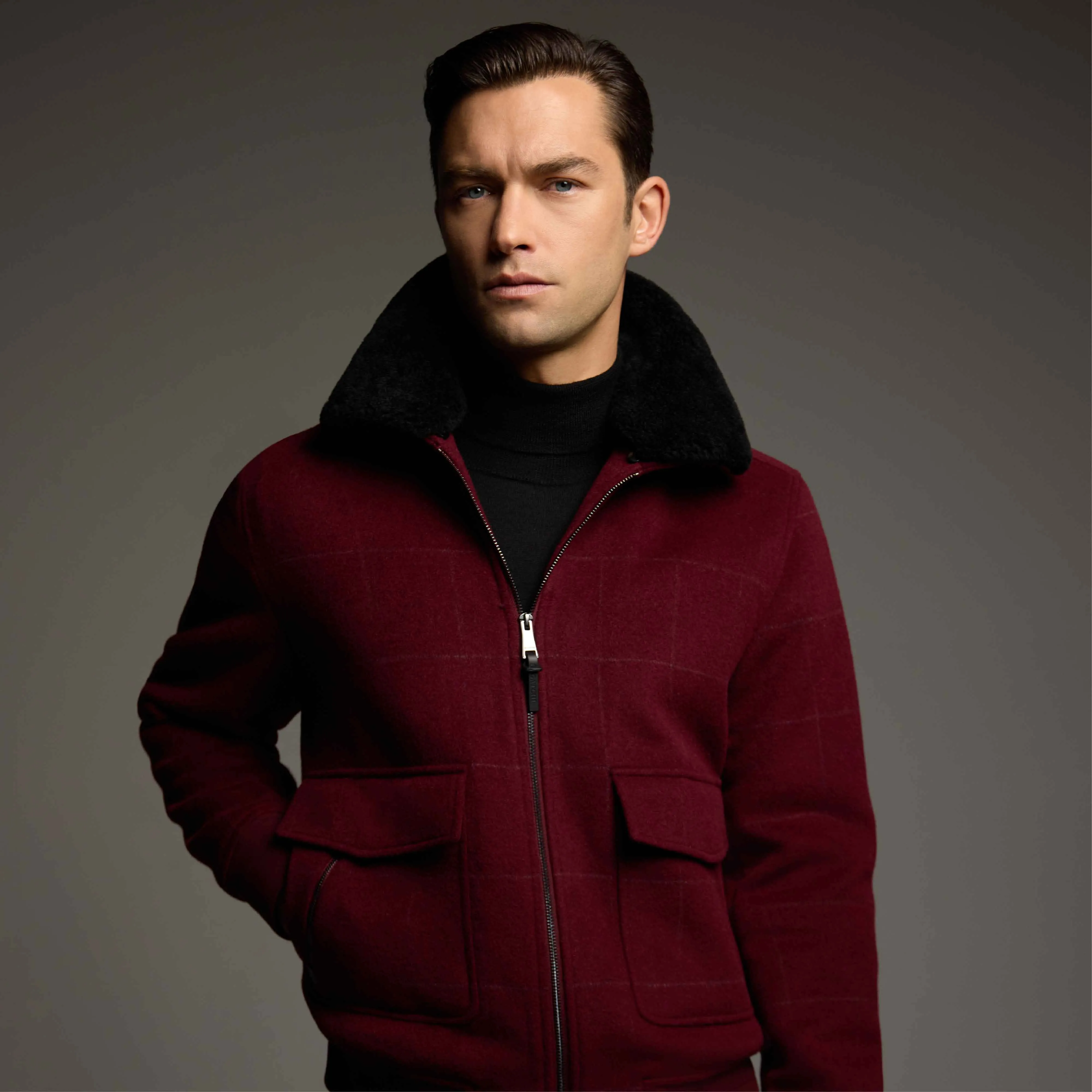 Windowpane Bomber Jacket with Removable Shearling Collar sold by Bugatchi