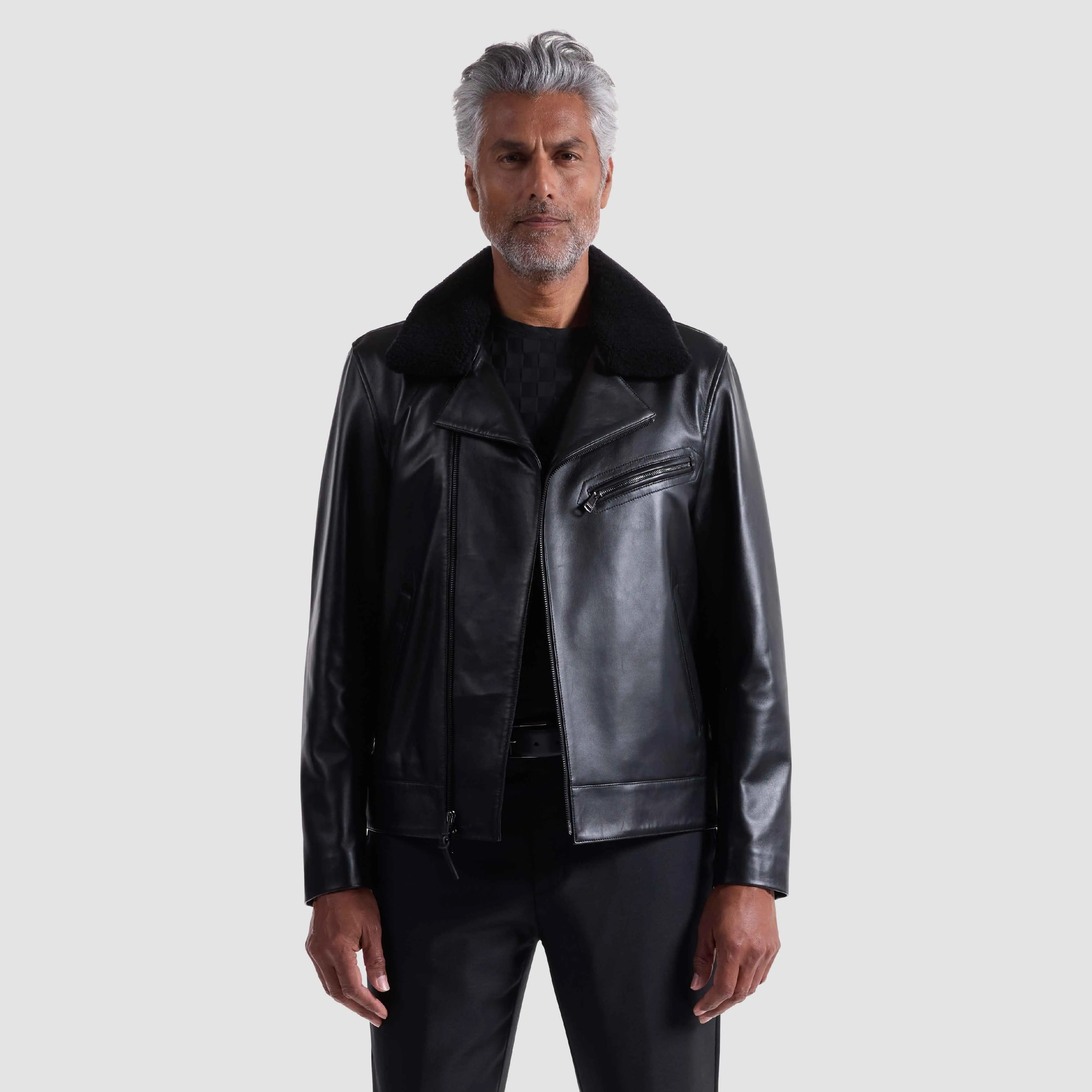 Leather Biker Jacket With Removable Shearling Collar sold by Bugatchi product image thumbnail 3