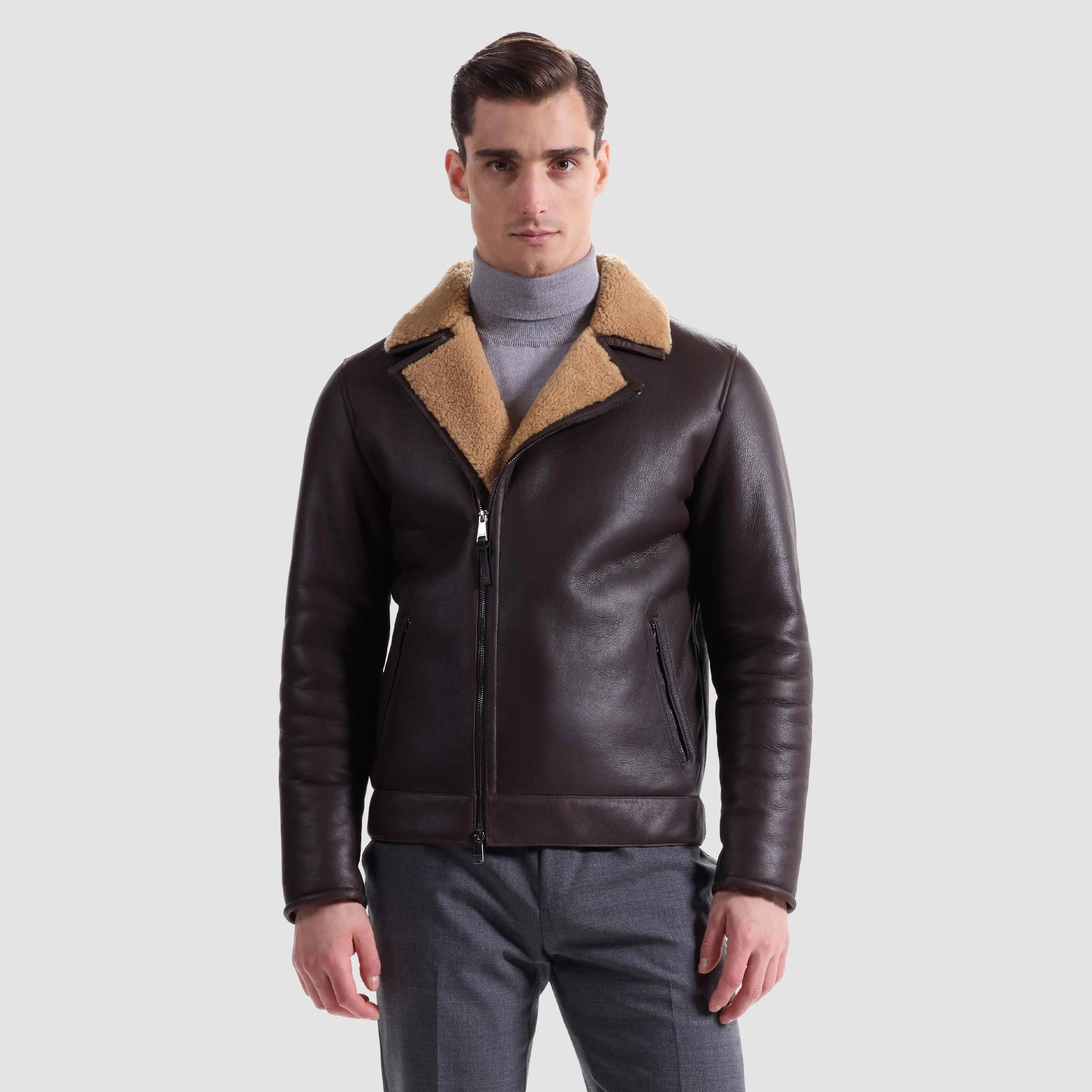 Shearling Lined Leather Biker Jacket sold by Bugatchi product image thumbnail 3