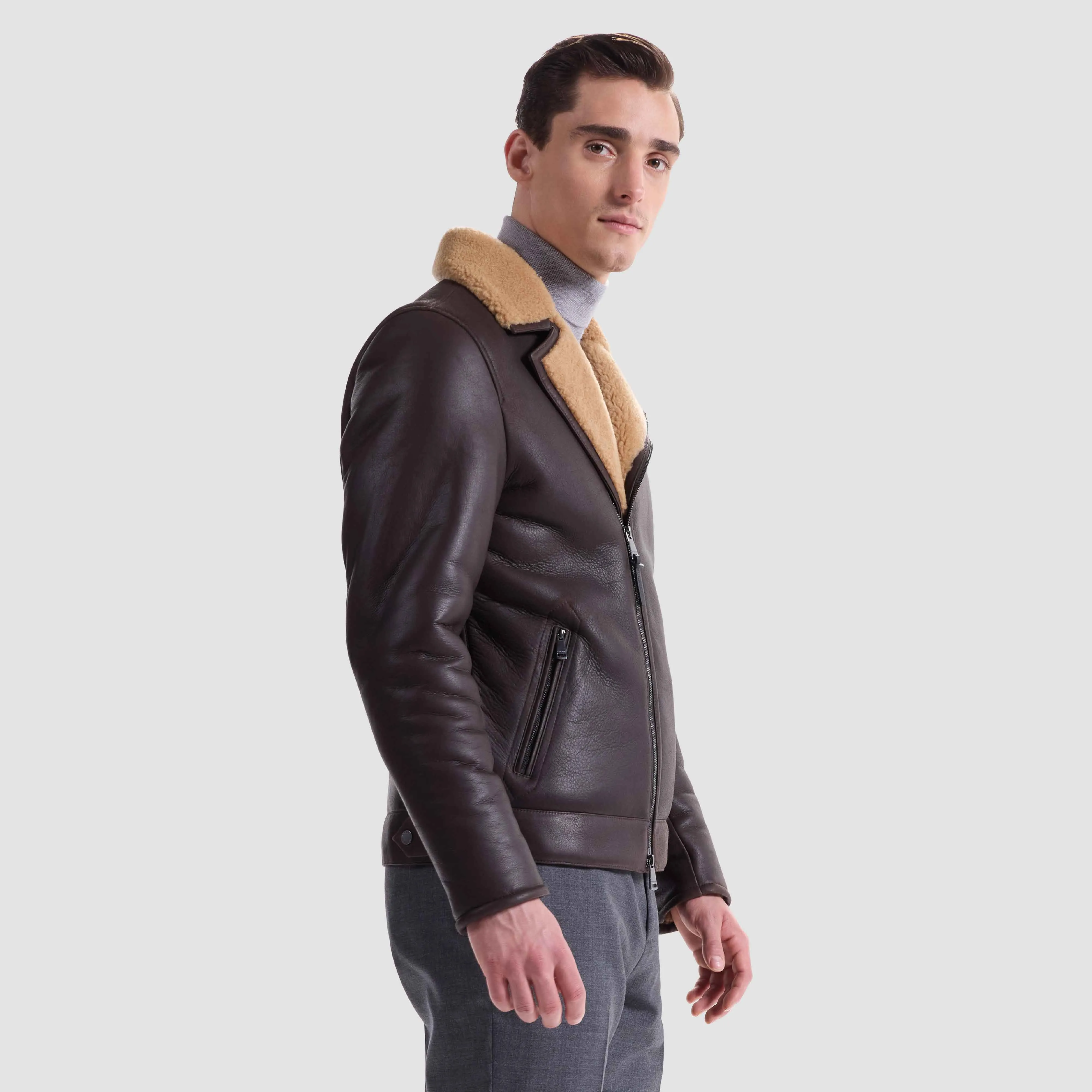 Shearling Lined Leather Biker Jacket sold by Bugatchi product image thumbnail 4