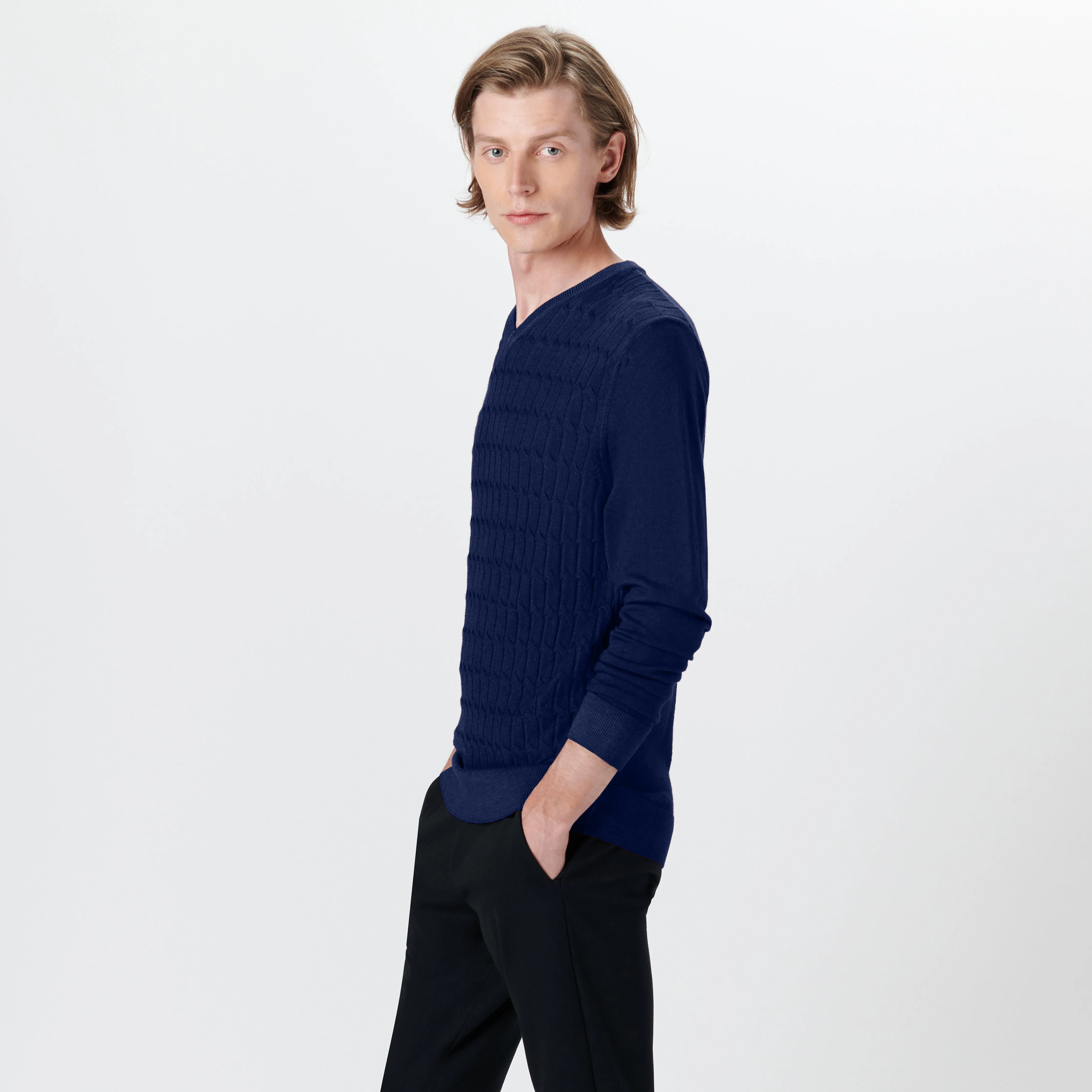 Super Merino V-Neck Cable Sweater sold by Bugatchi product image thumbnail 3
