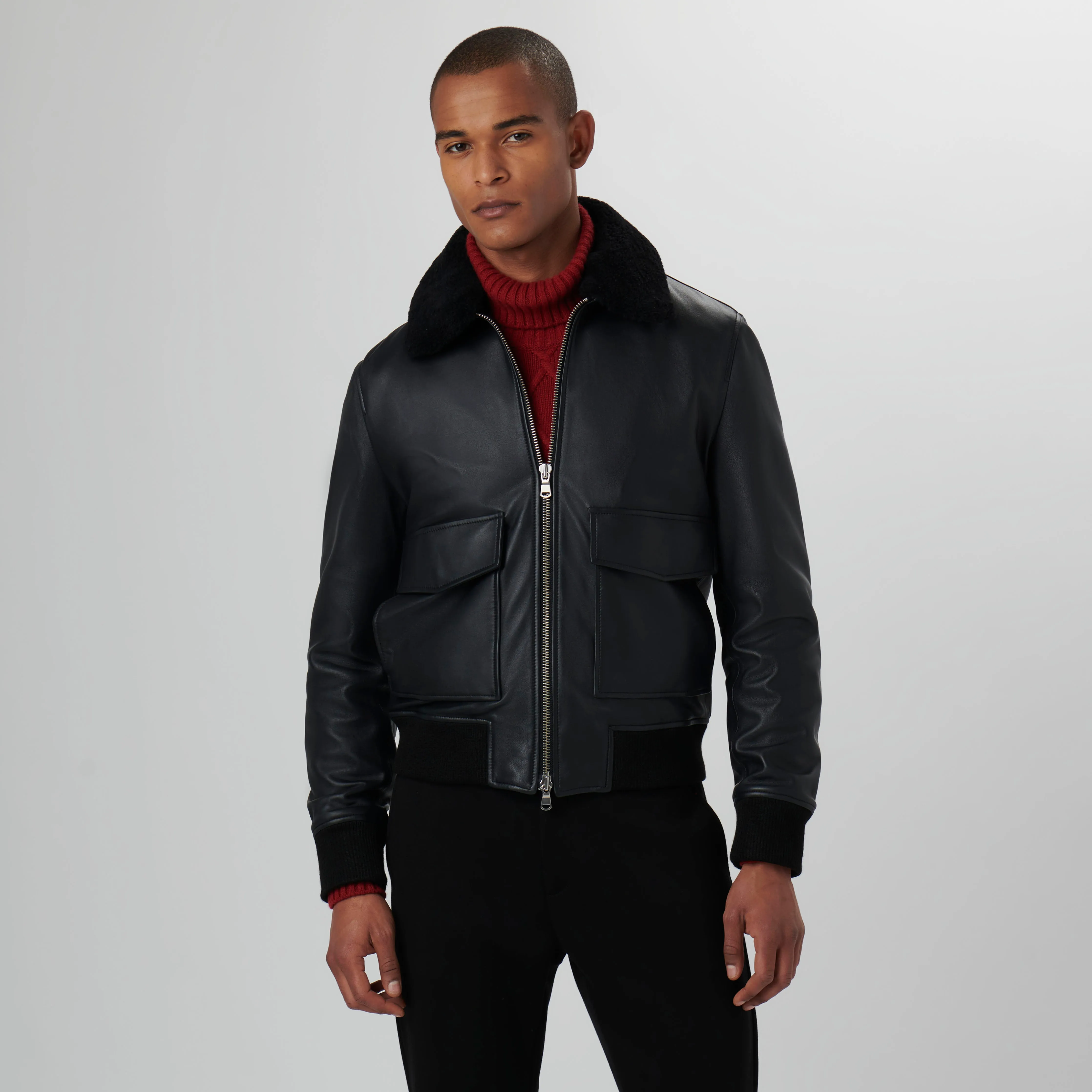 Leather Bomber Jacket with Removable Shearling Collar sold by Bugatchi product image thumbnail 3