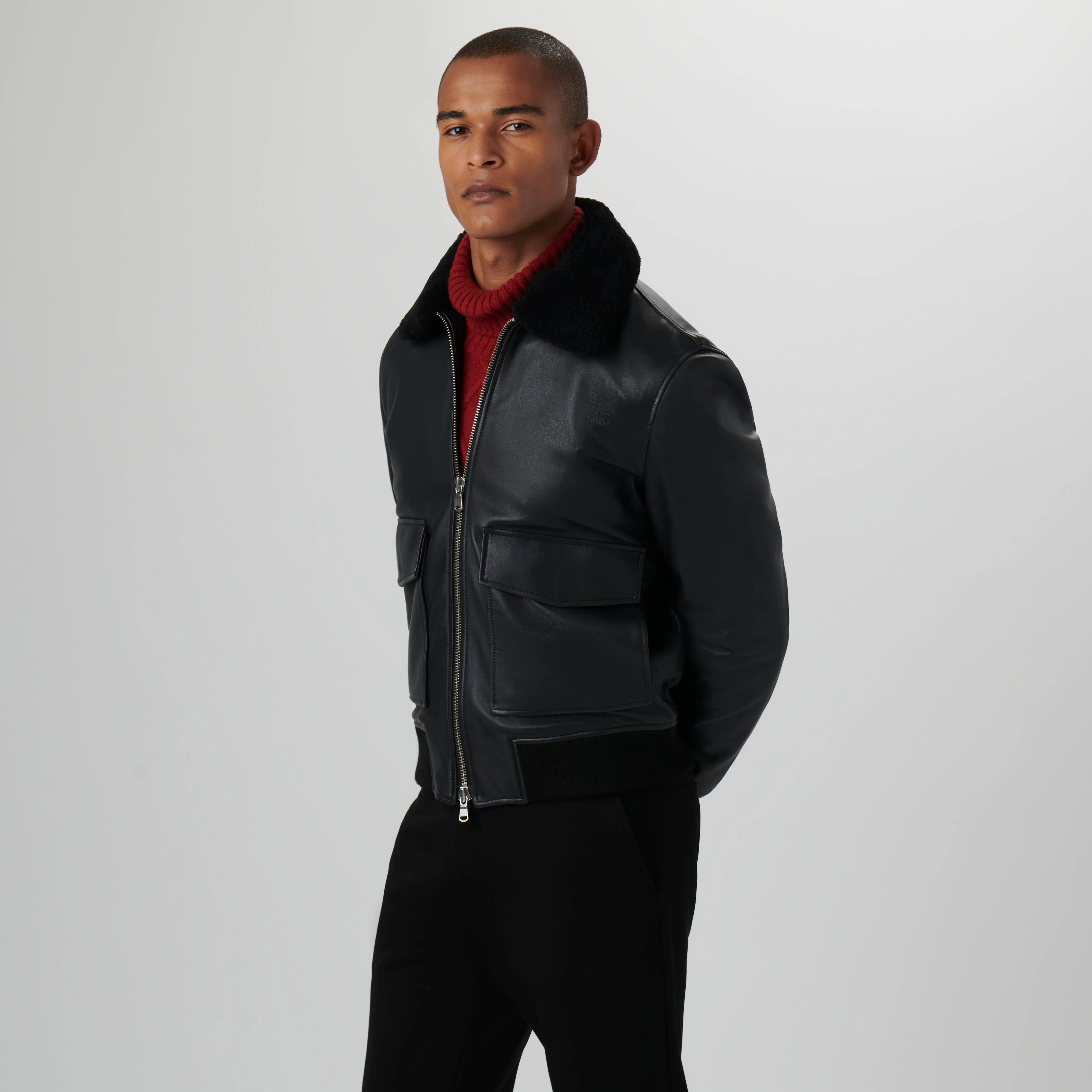 Leather Bomber Jacket with Removable Shearling Collar sold by Bugatchi product image thumbnail 4