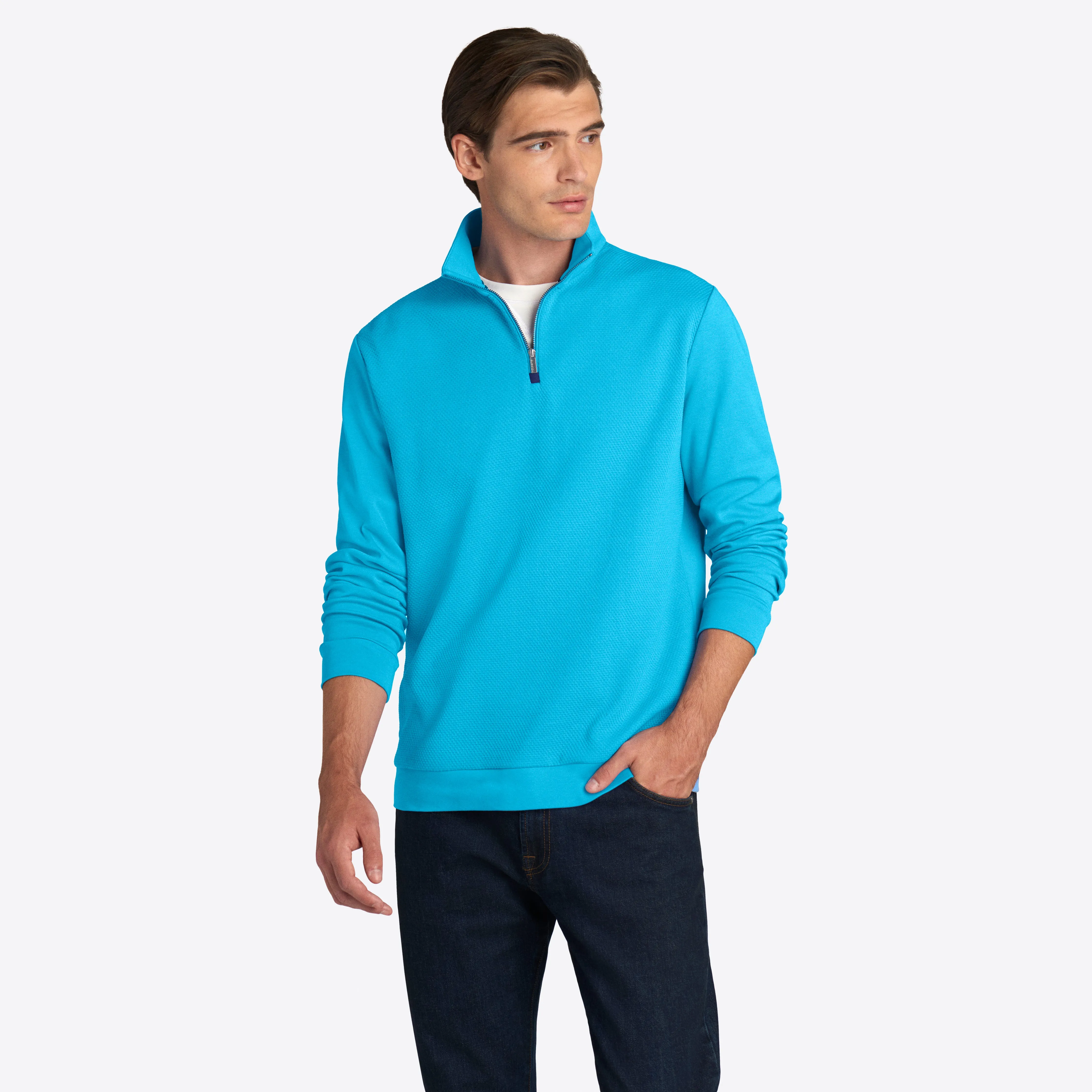 Solid Mesh Effect Quarter Zip Mock Neck Pullover sold by Bugatchi product image thumbnail 3