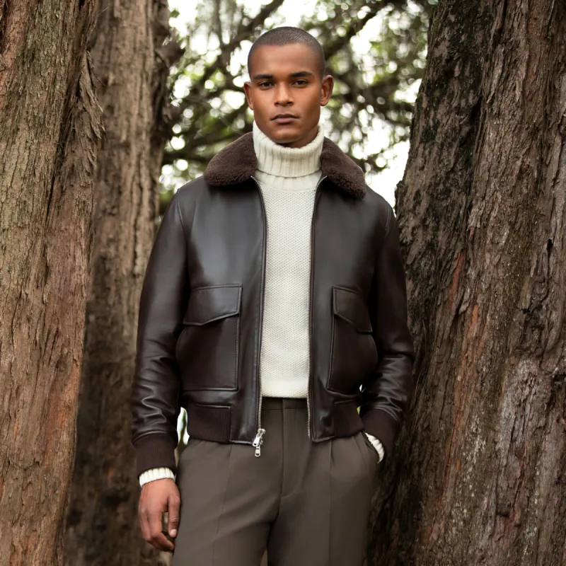 Leather Bomber Jacket with Removable Shearling Collar sold by Bugatchi