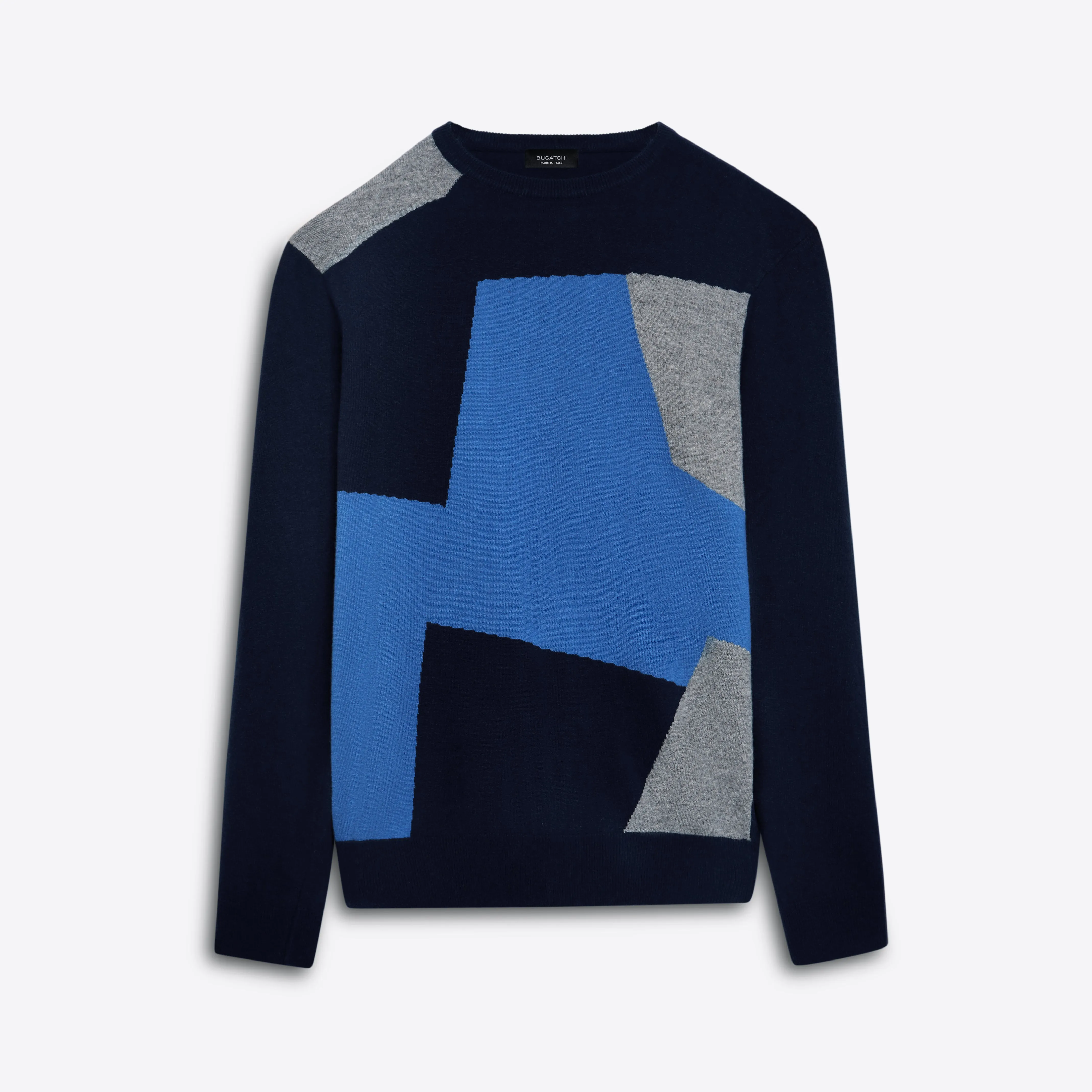Crew Neck Patchwork Intarsia Sweater sold by Bugatchi