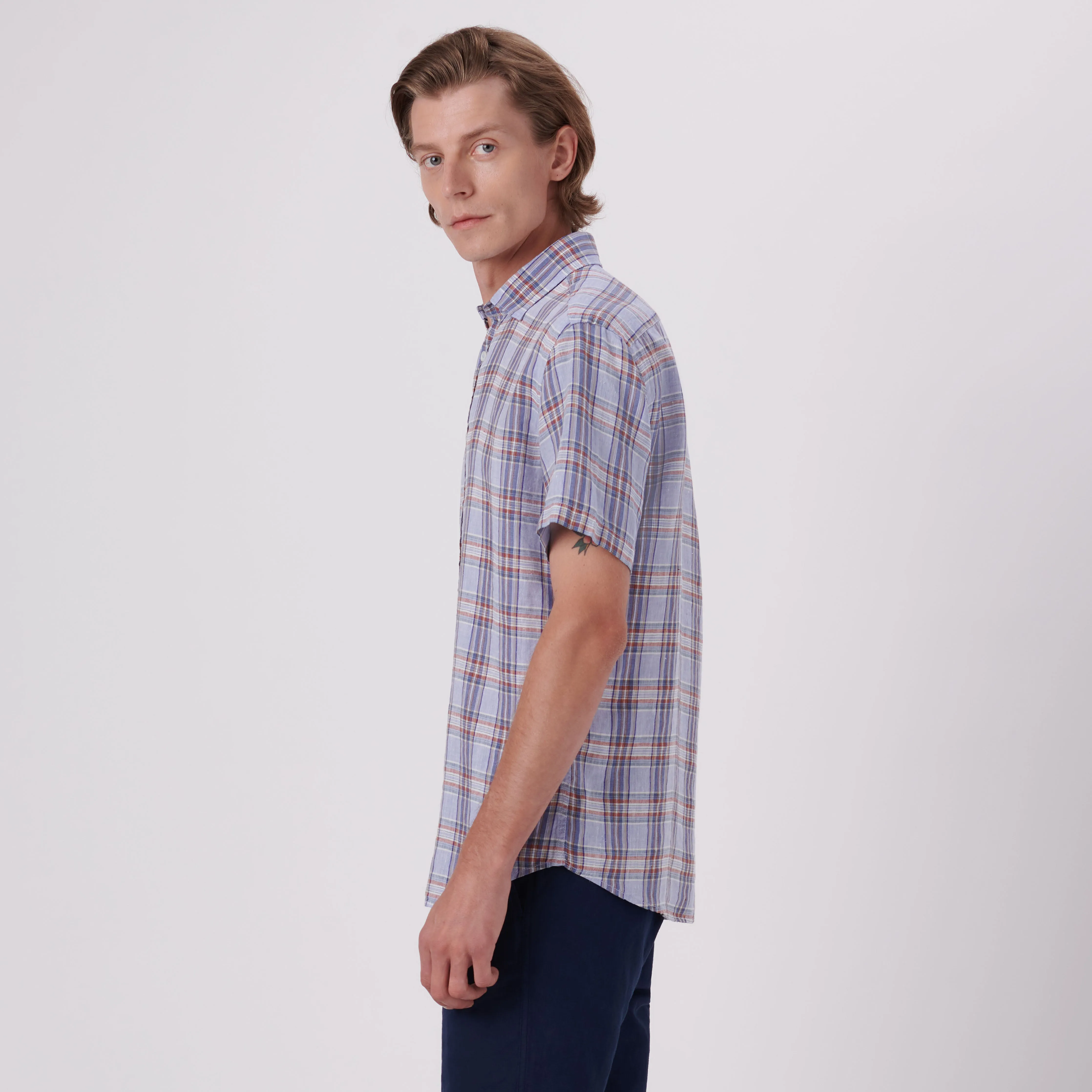 Orson Plaid Check Short Sleeve Linen Shirt sold by Bugatchi product image thumbnail 3