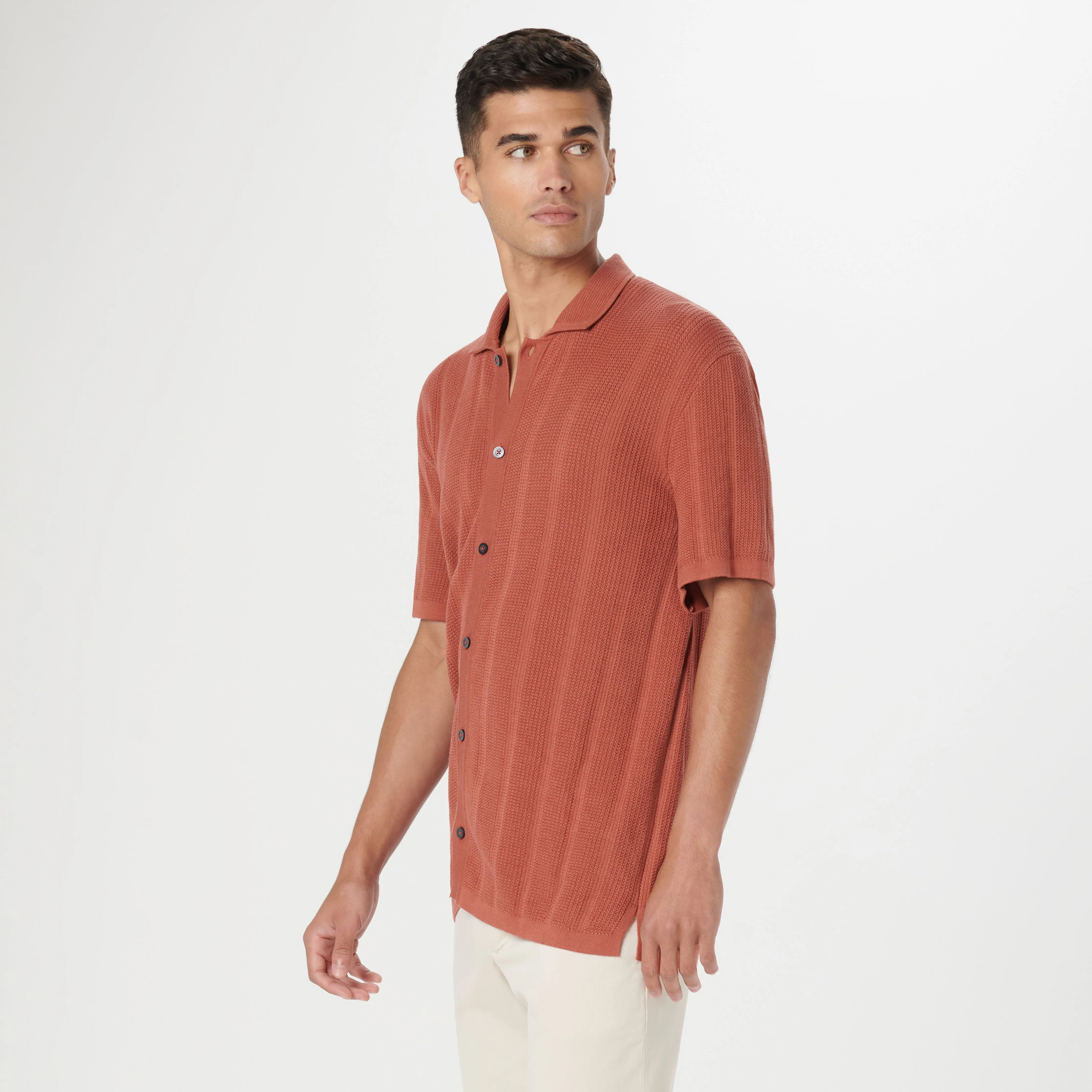Waffle Rib Full Button Short Sleeve Polo Sweater sold by Bugatchi product image thumbnail 4