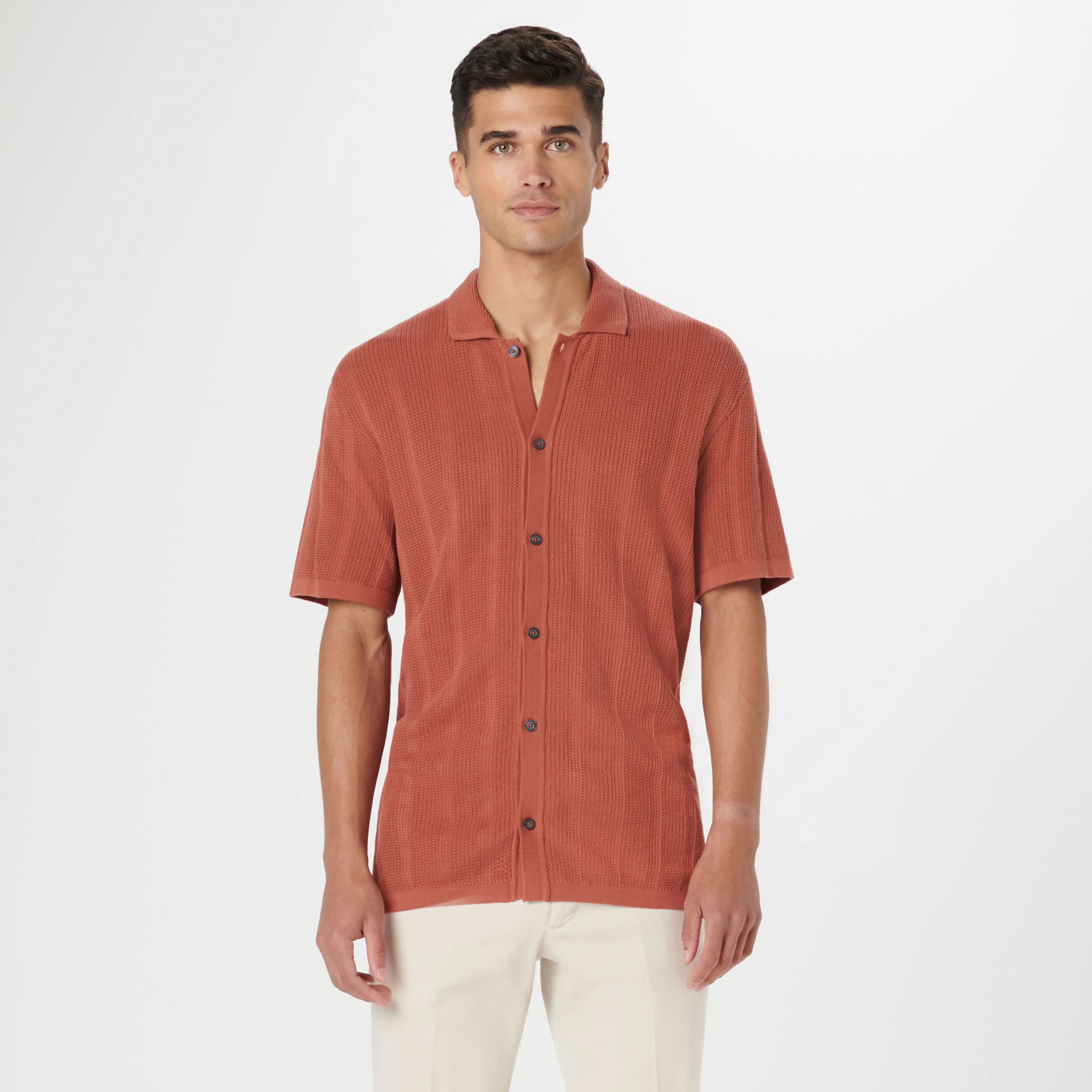 Waffle Rib Full Button Short Sleeve Polo Sweater sold by Bugatchi product image thumbnail 3