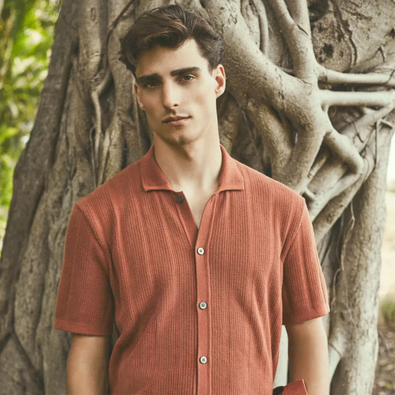 Waffle Rib Full Button Short Sleeve Polo Sweater sold by Bugatchi