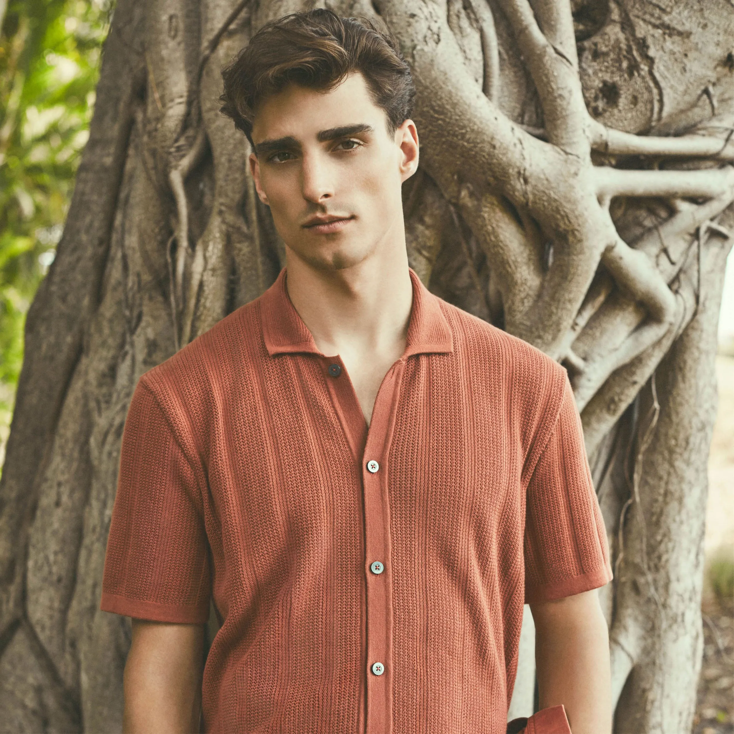 Waffle Rib Full Button Short Sleeve Polo Sweater sold by Bugatchi