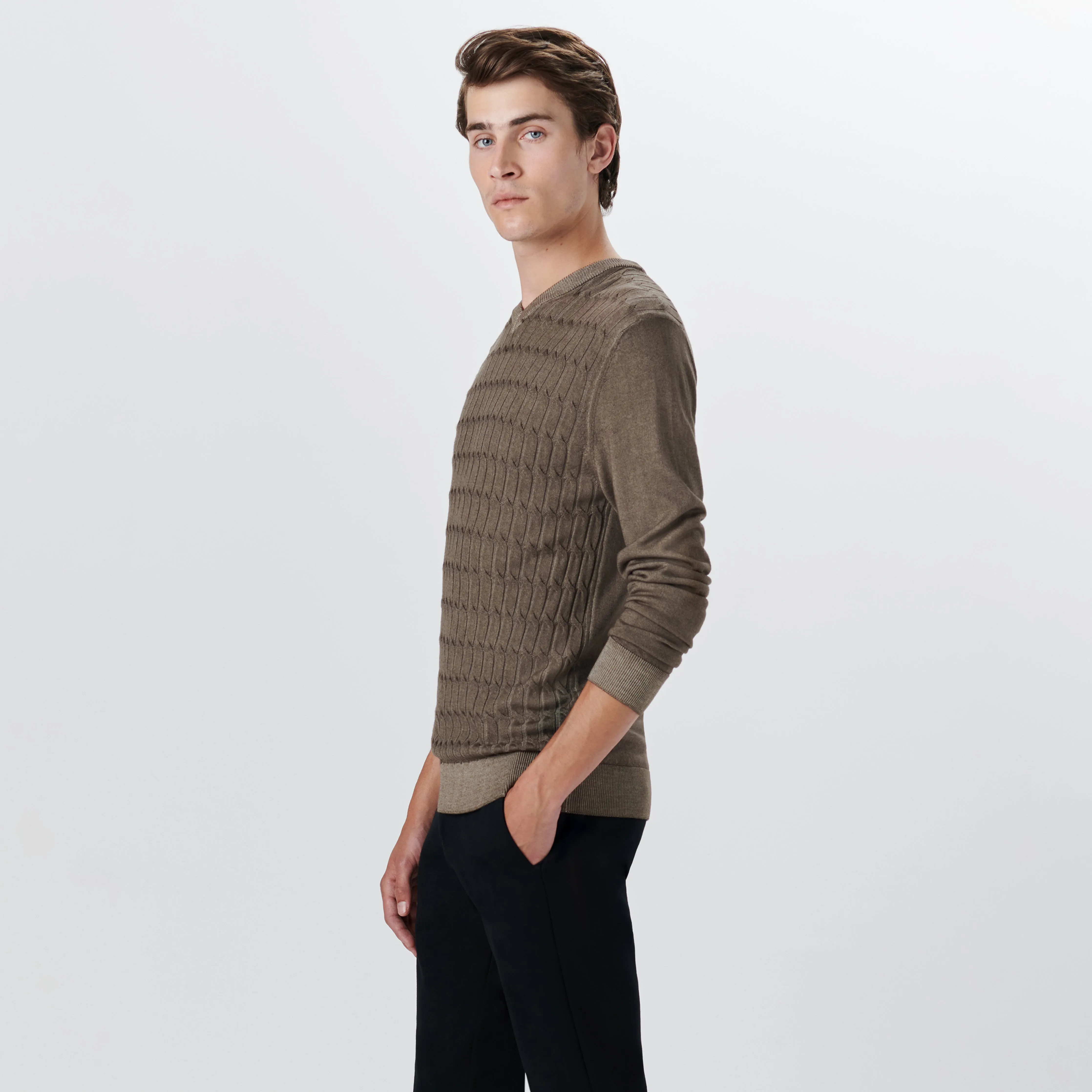 Super Merino V-Neck Cable Sweater sold by Bugatchi product image thumbnail 3