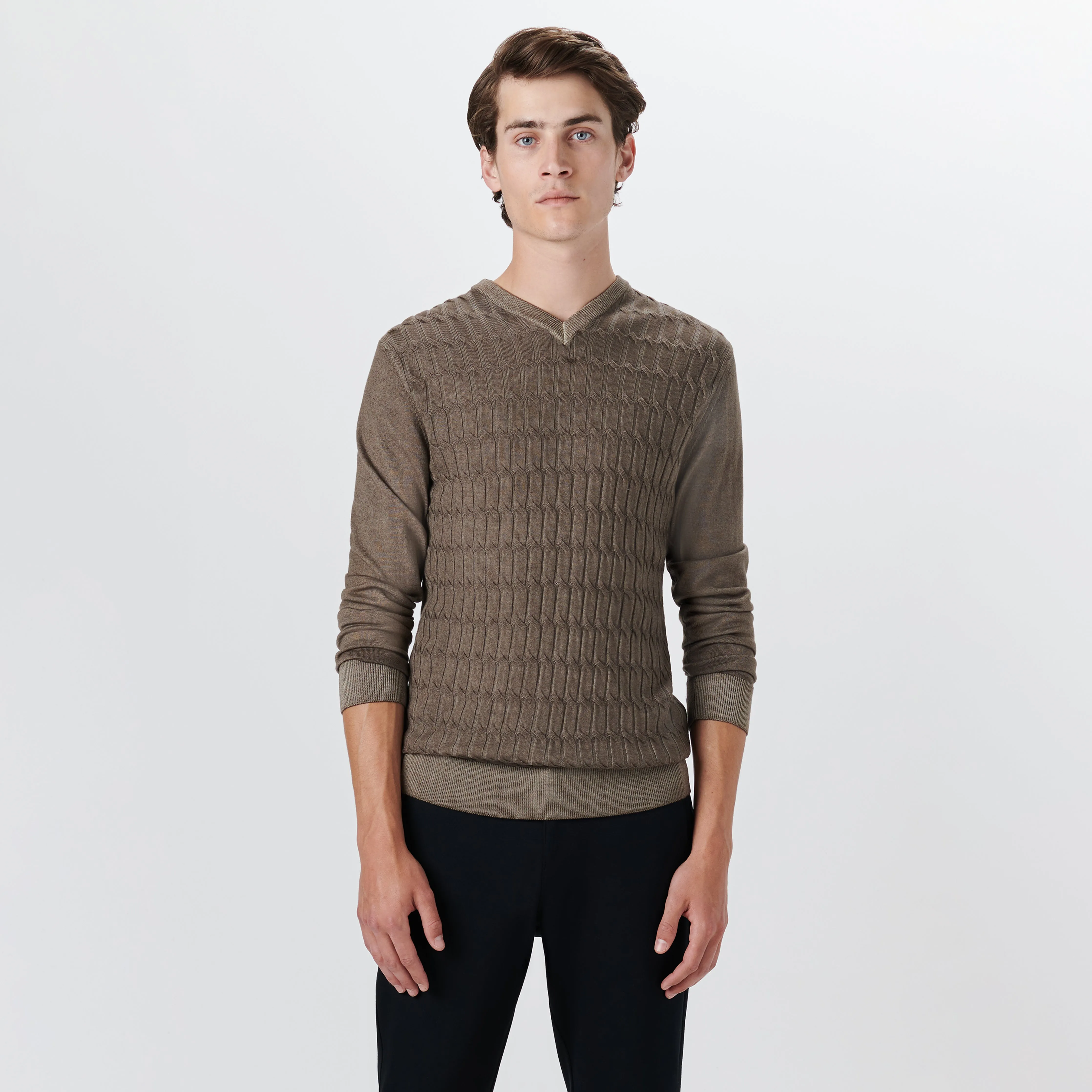 Super Merino V-Neck Cable Sweater sold by Bugatchi product image thumbnail 2