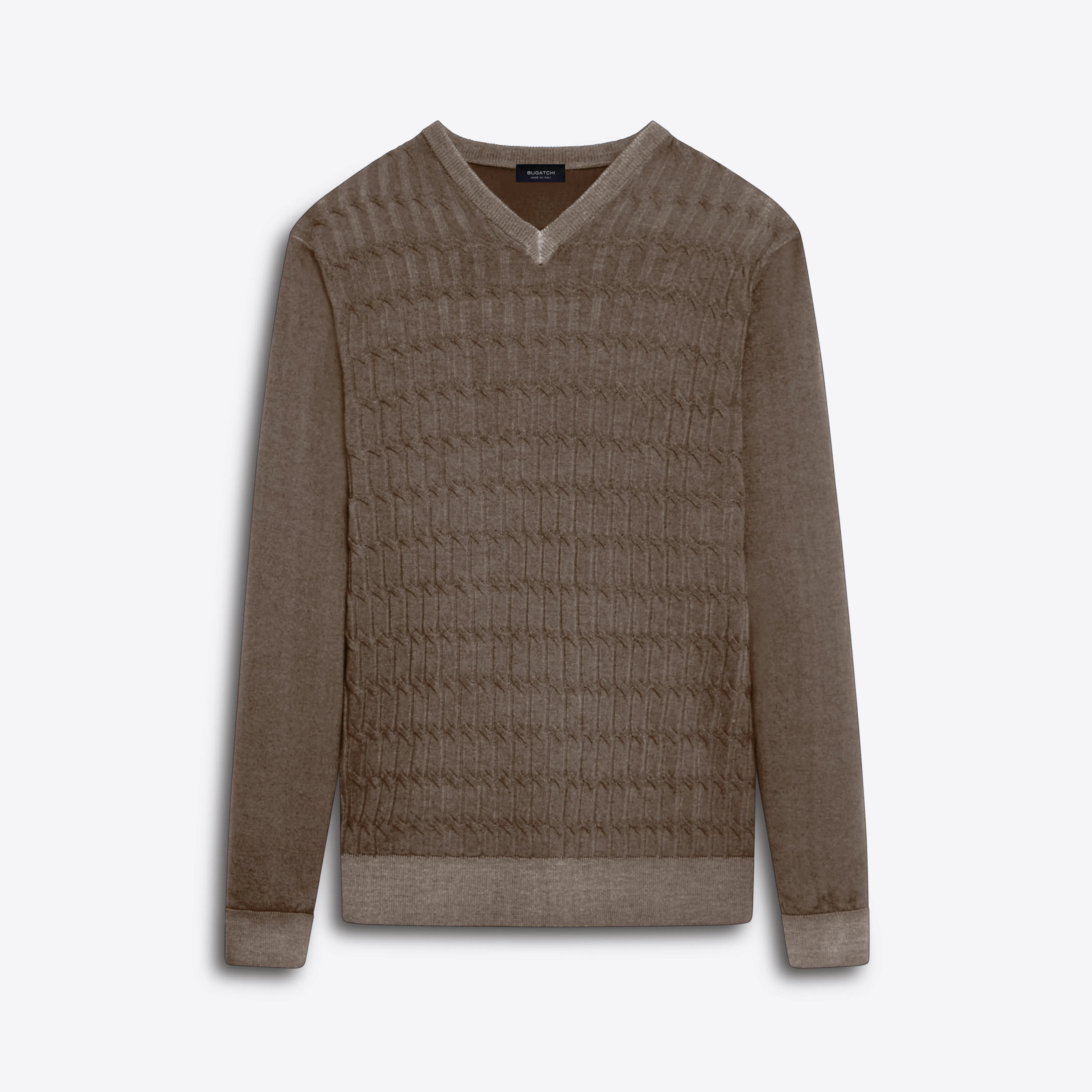 Super Merino V-Neck Cable Sweater sold by Bugatchi
