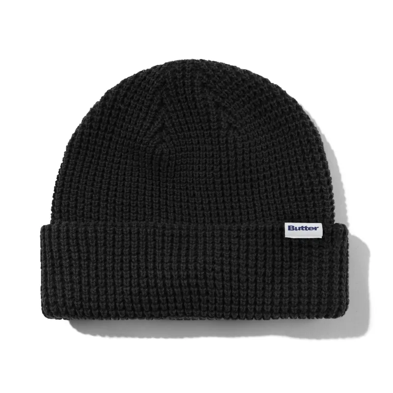 Distressed Waffle Knit Beanie, Washed Black made by Butter
