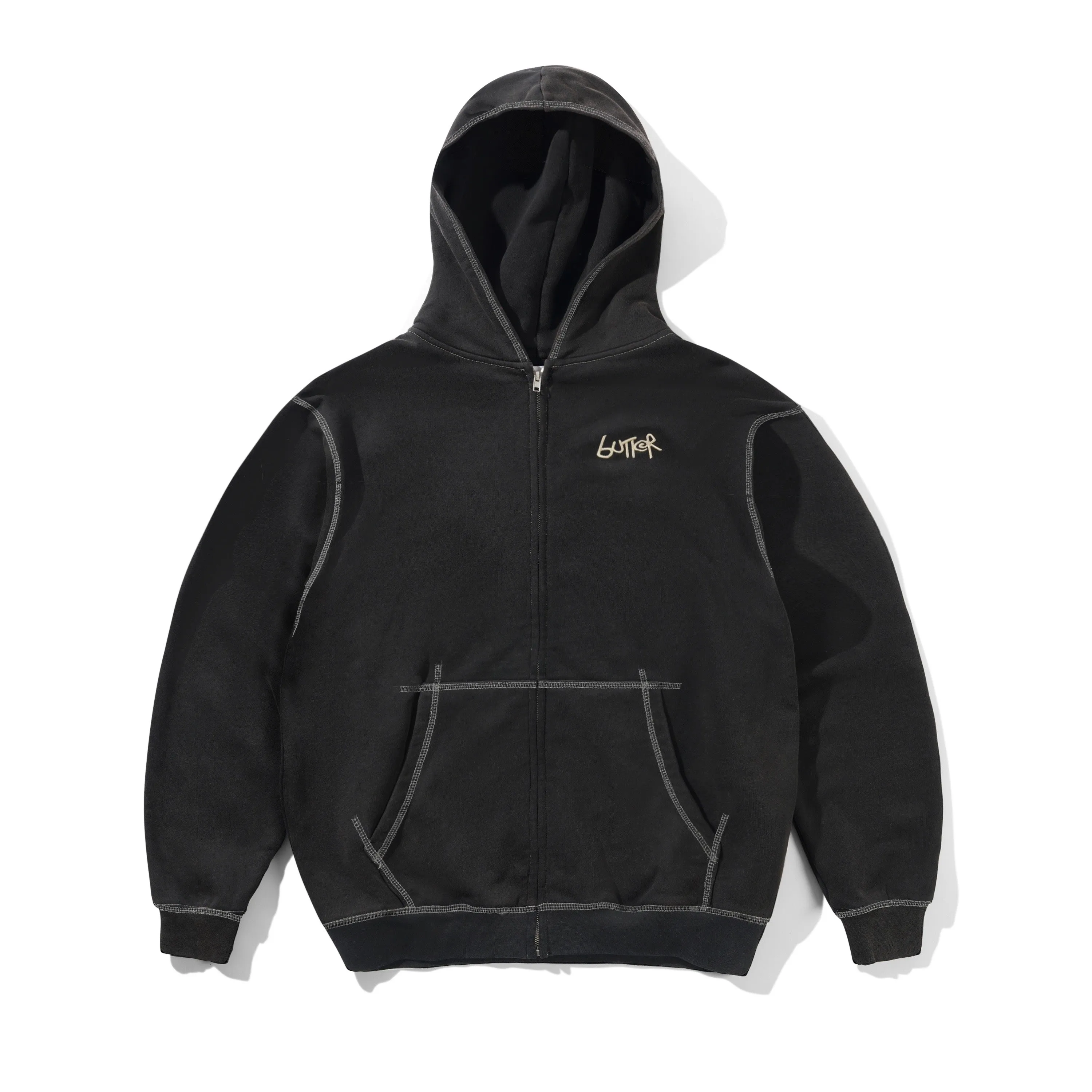 Trail Stitch Zip-Thru Hood, Washed Black sold by Butter