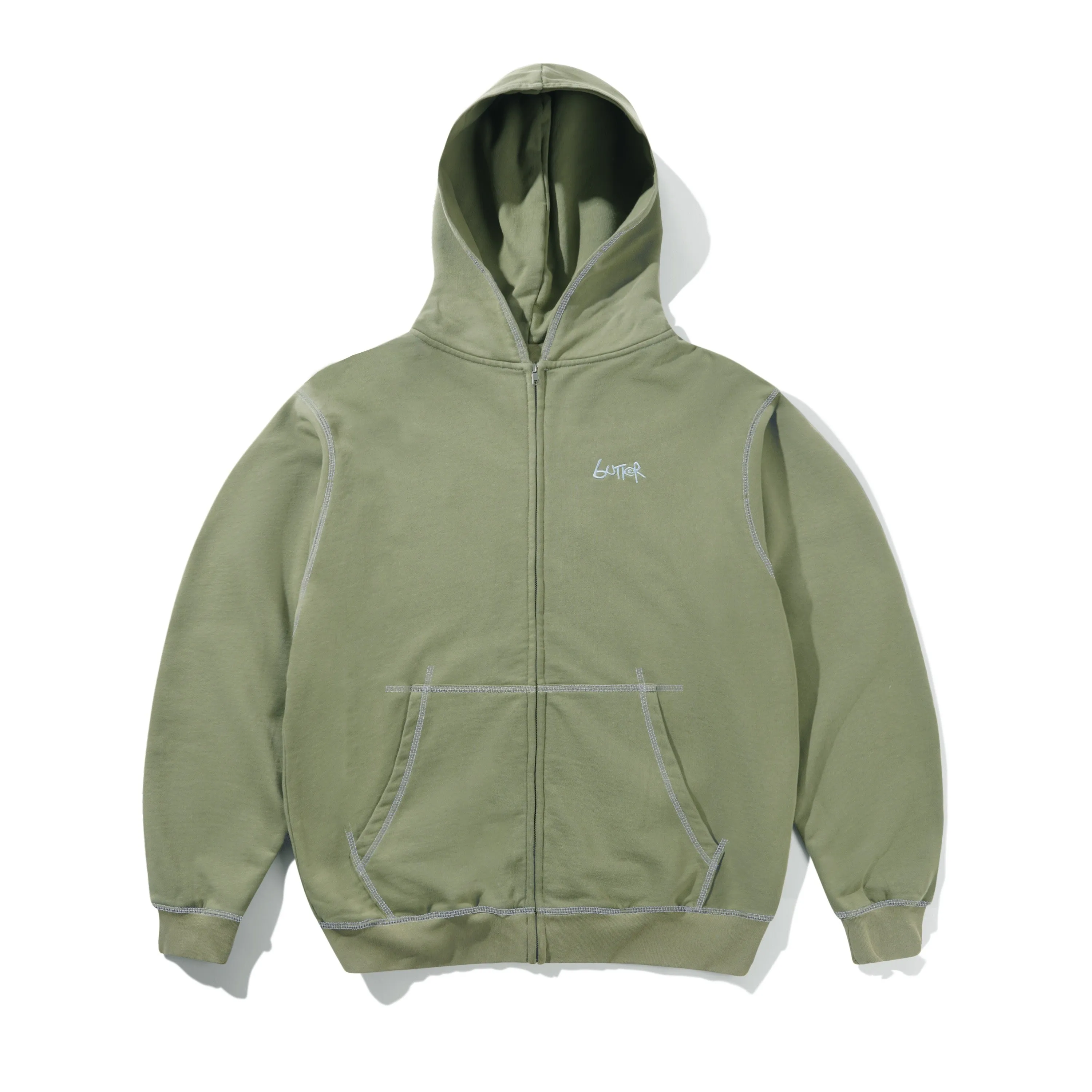 Trail Stitch Zip-Thru Hood, Washed Dull Army sold by Butter