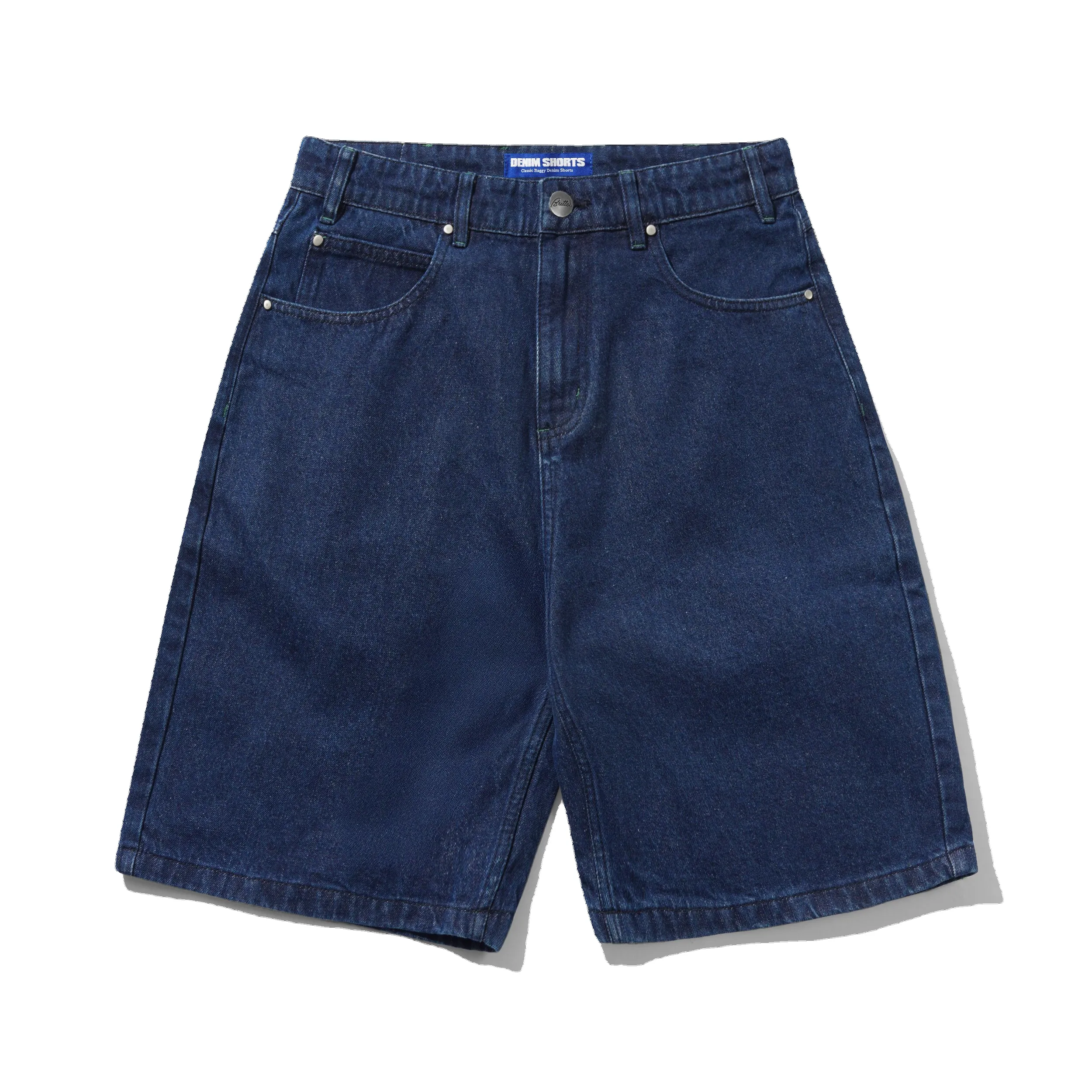 Drummer Baggy Denim Shorts, Raw Dark Indigo sold by Butter