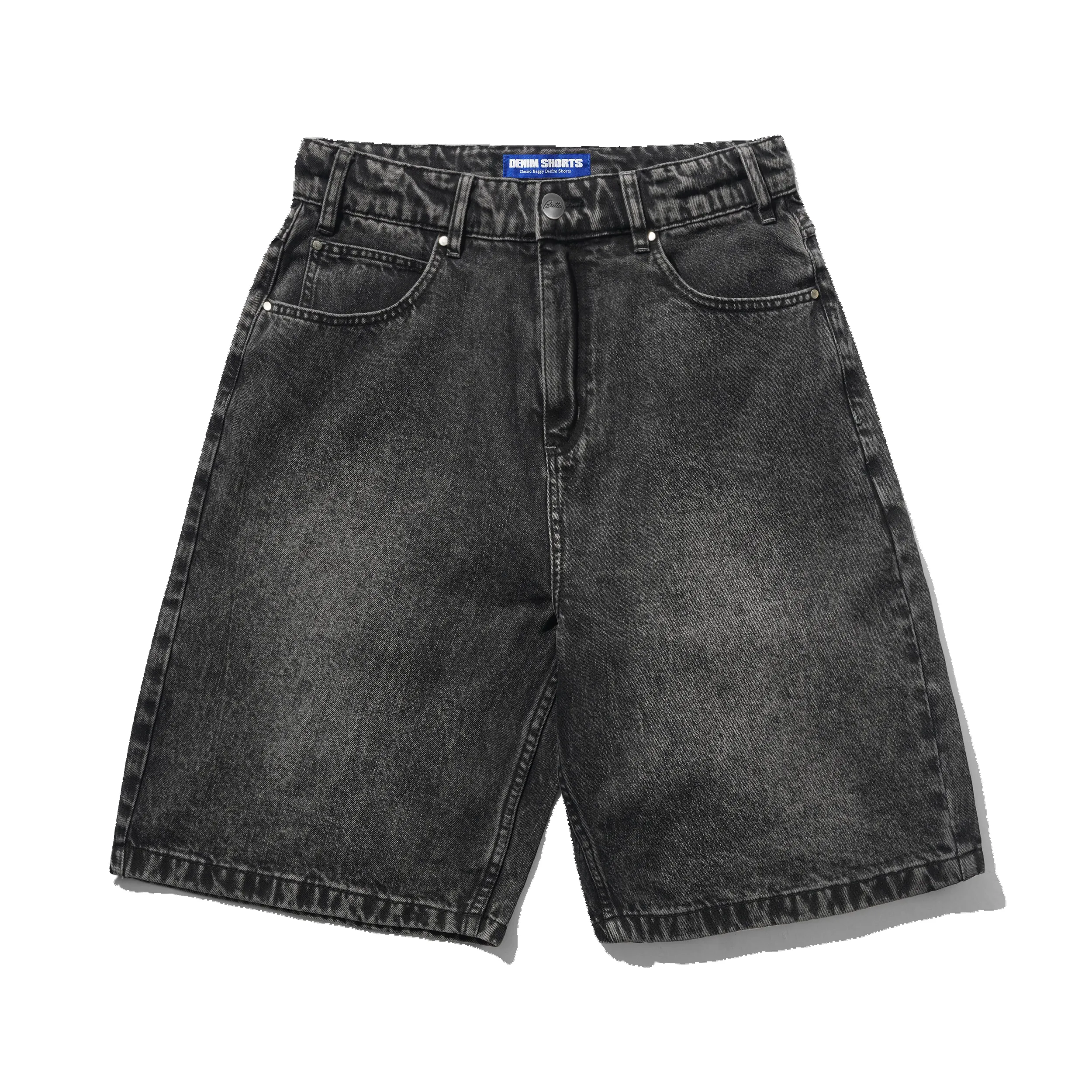 Drummer Baggy Denim Shorts, Streaky Black sold by Butter