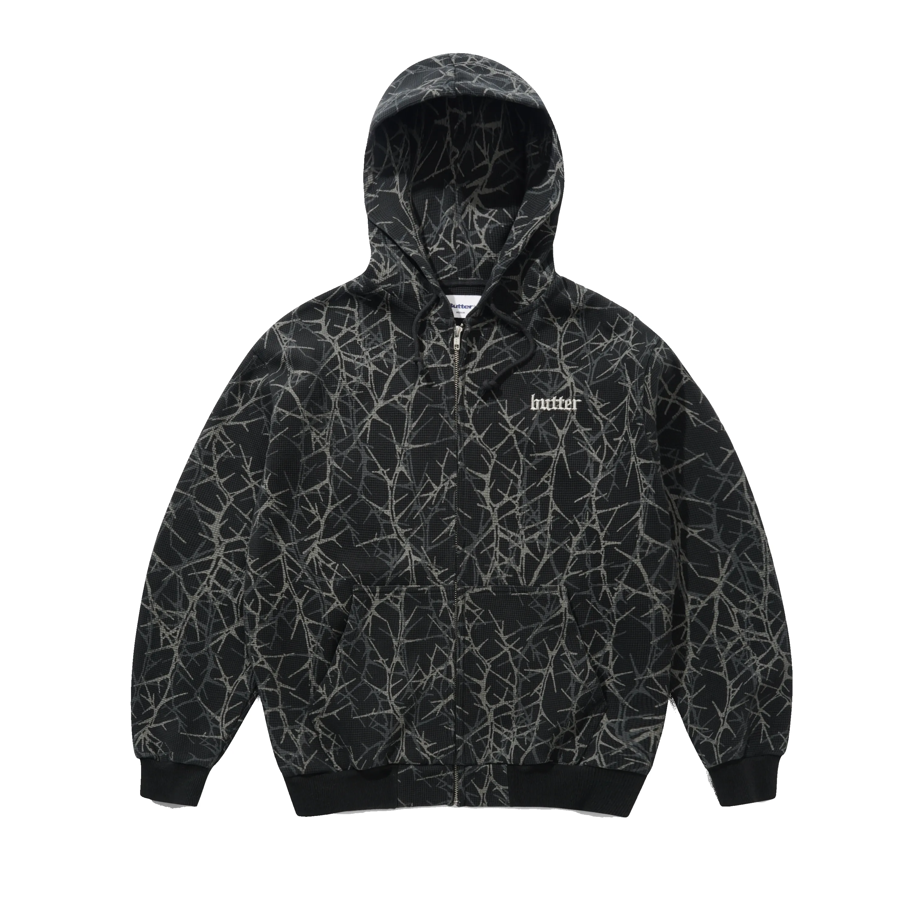 Thorn Camo Waffle Zip-Thru Hood, Black sold by Butter