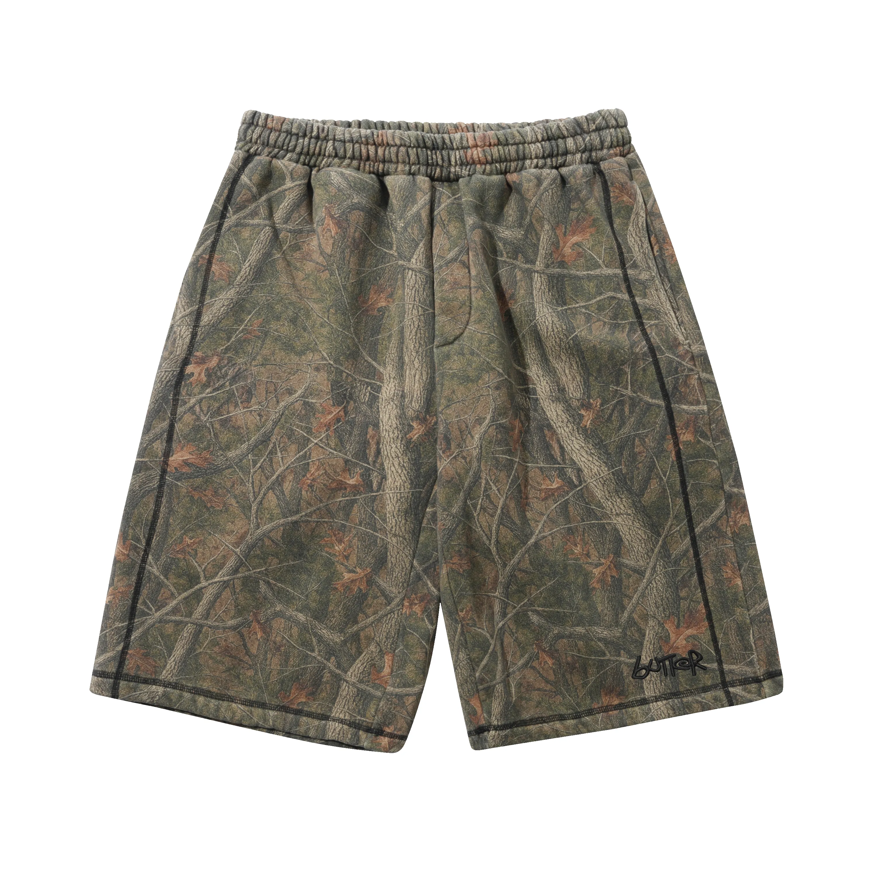 Overlock Stitch Fleece Shorts, Forest Camo sold by Butter