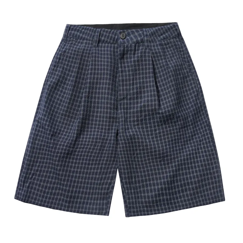 Seersucker Pleated Shorts, Navy Plaid made by Butter