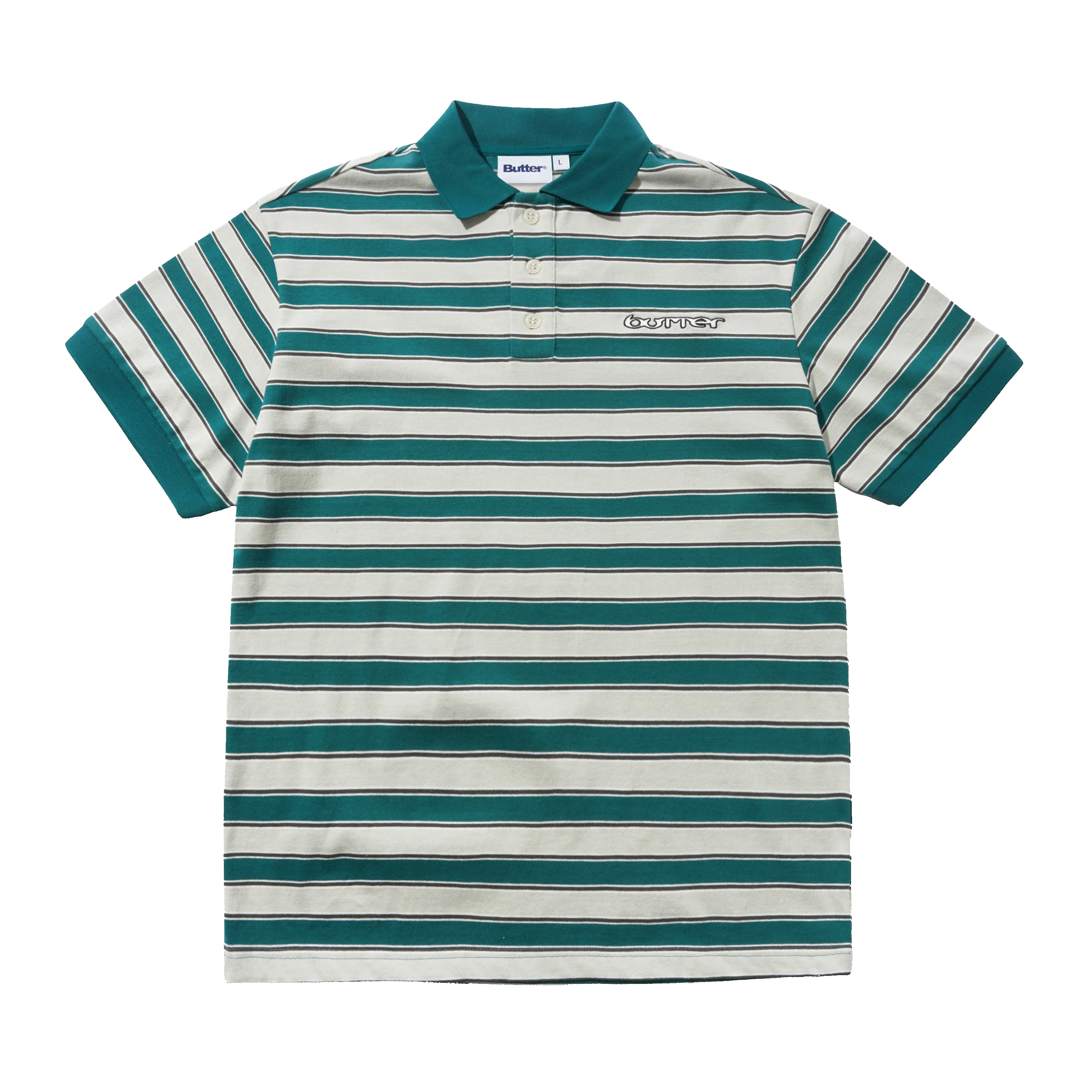 Witness Stripe Polo, Grey / Teal sold by Butter