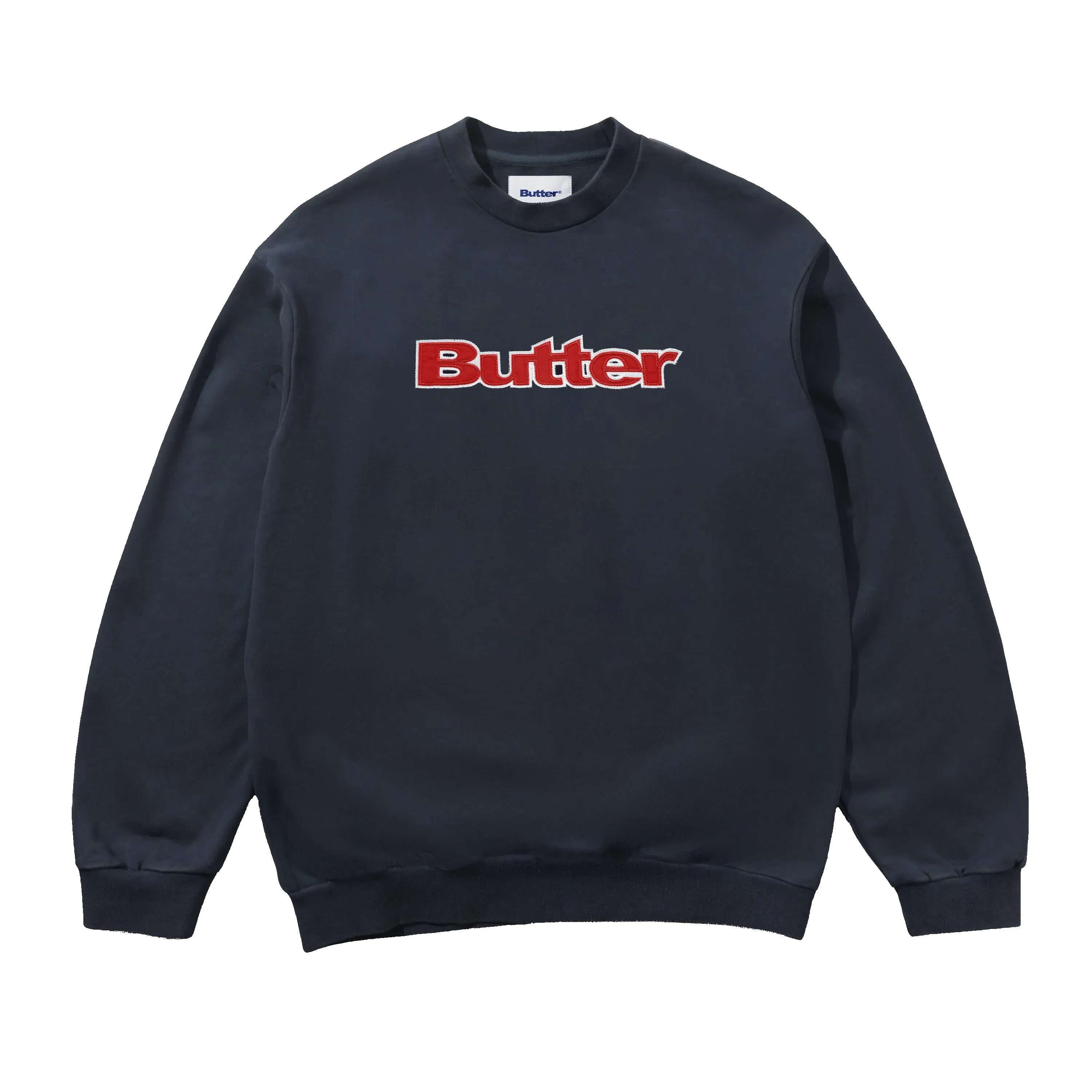 Satin Applique Logo Crewneck, Navy sold by Butter