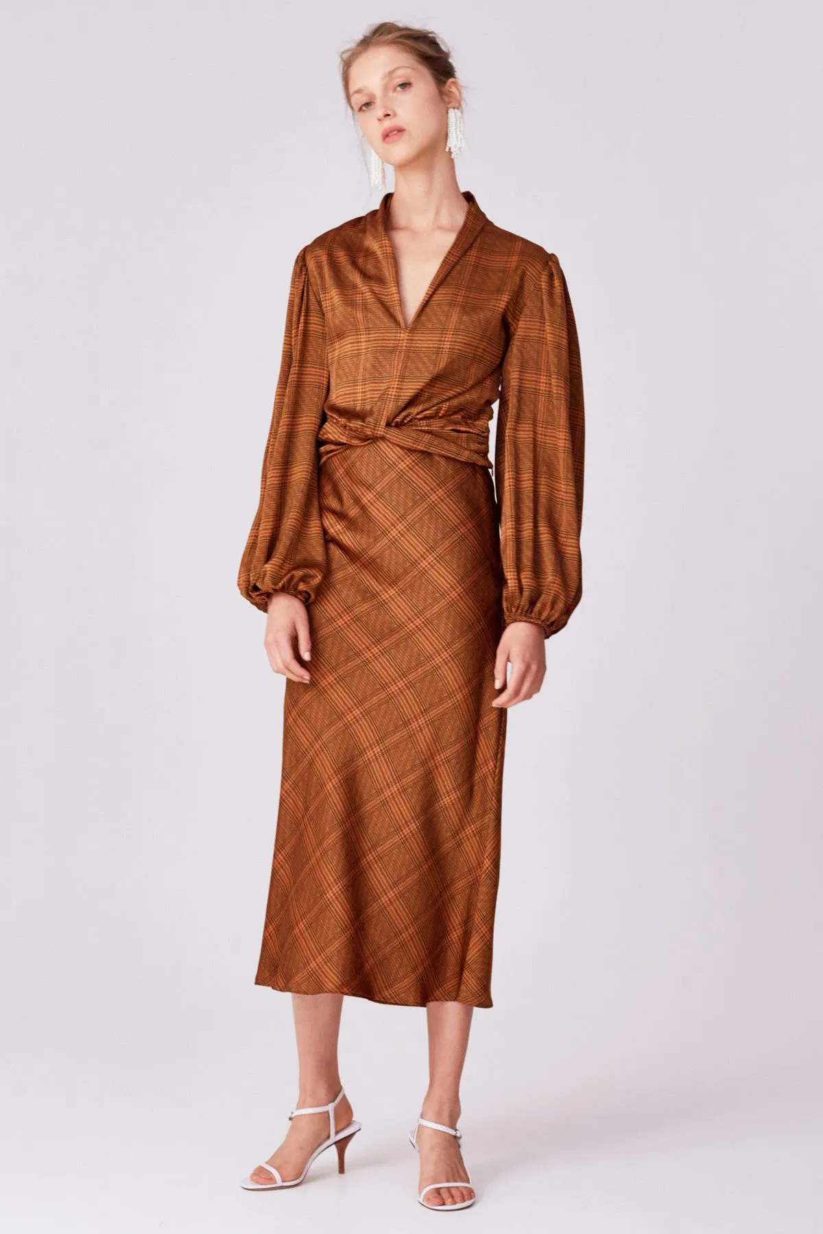 NO TIME SKIRT copper check sold by C/MEO Collective