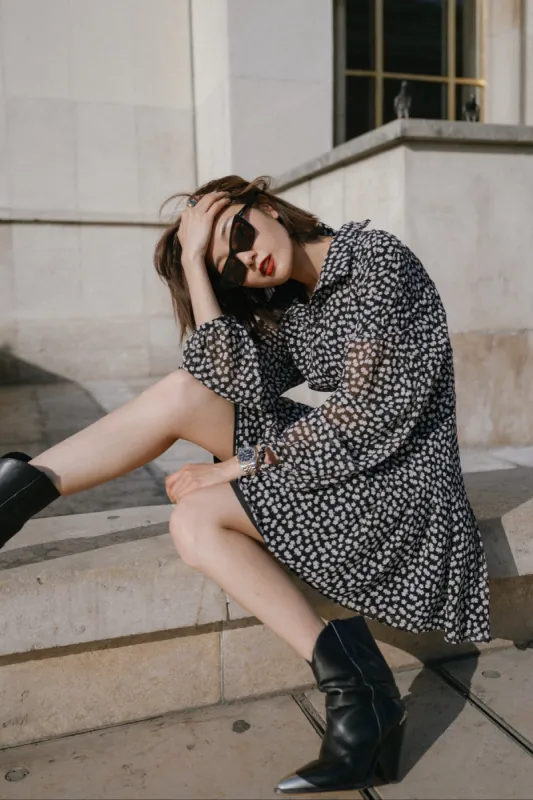 PROMISES LONG SLEEVE DRESS black w cream daisy sold by C/MEO Collective
