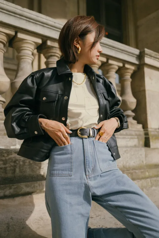 ESSENTIALS REVERSIBLE LEATHER BELT black w butter sold by C/MEO Collective