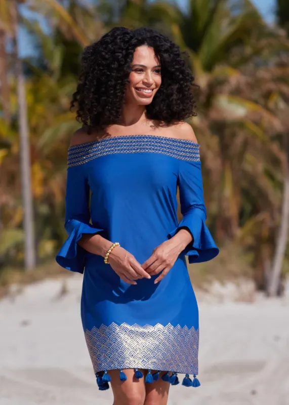 Navy Metallic Off The Shoulder Dress sold by Cabana Life