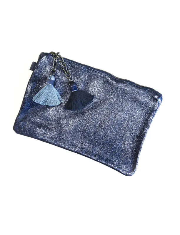 Navy Leather Tassel Clutch sold by Cabana Life