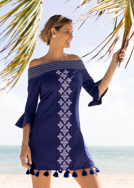 Navy Embroidered Off The Shoulder Dress sold by Cabana Life