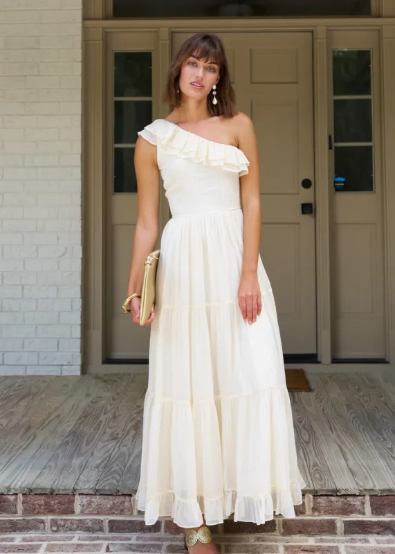 Ivory Metallic One Shoulder Maxi Dress sold by Cabana Life