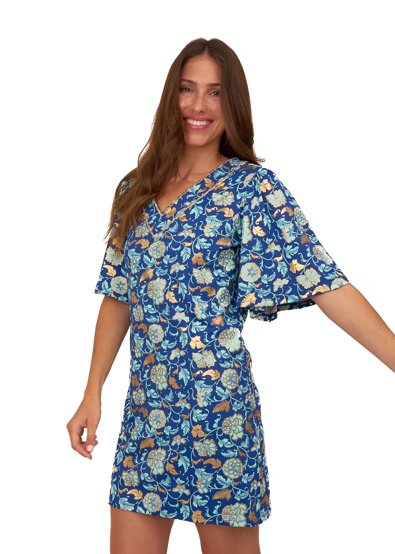 Sample - Navy Floral Metallic Embroidered Flutter Sleeve Shift Dress sold by Cabana Life product image thumbnail 3
