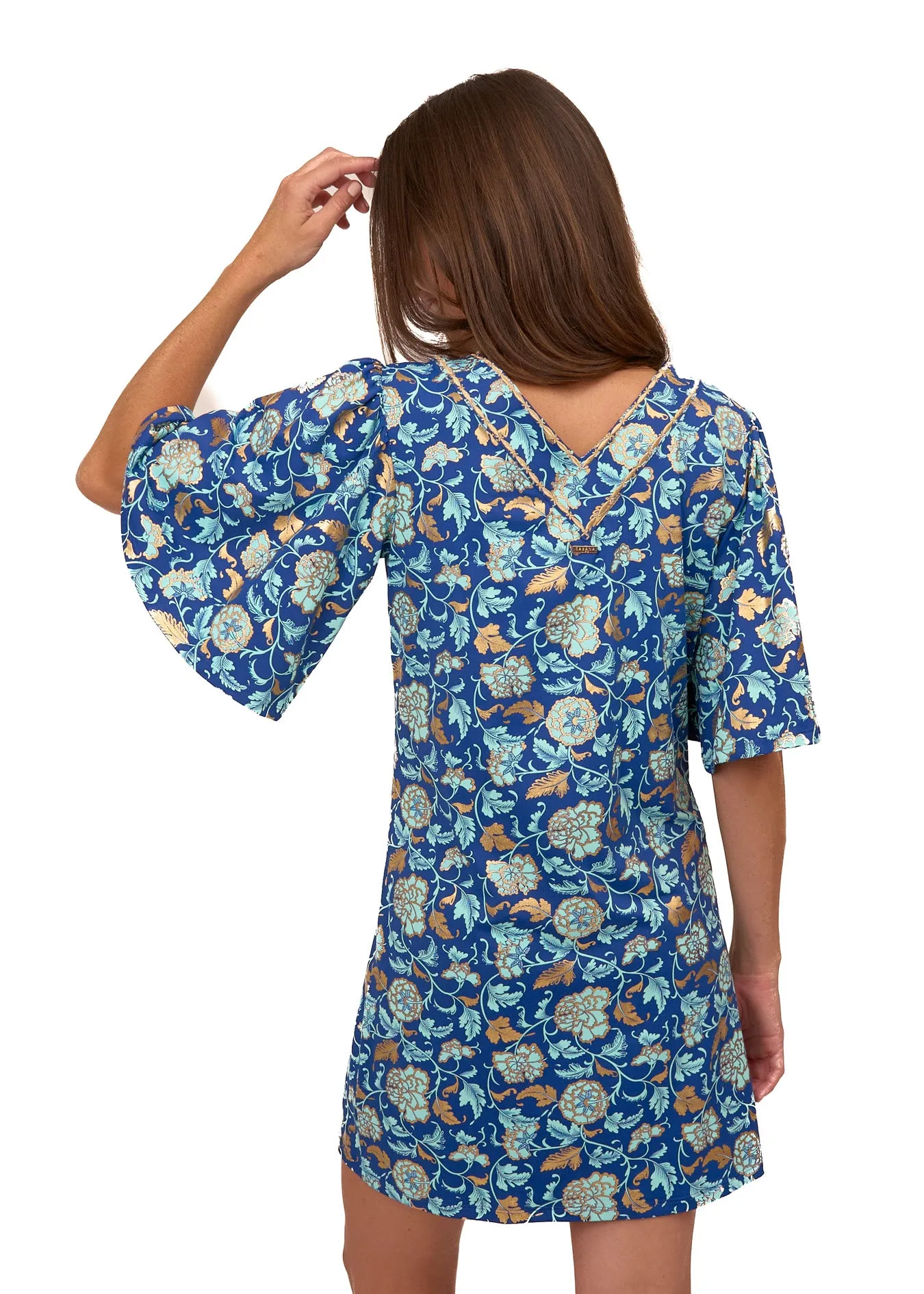 Sample - Navy Floral Metallic Embroidered Flutter Sleeve Shift Dress sold by Cabana Life product image thumbnail 4