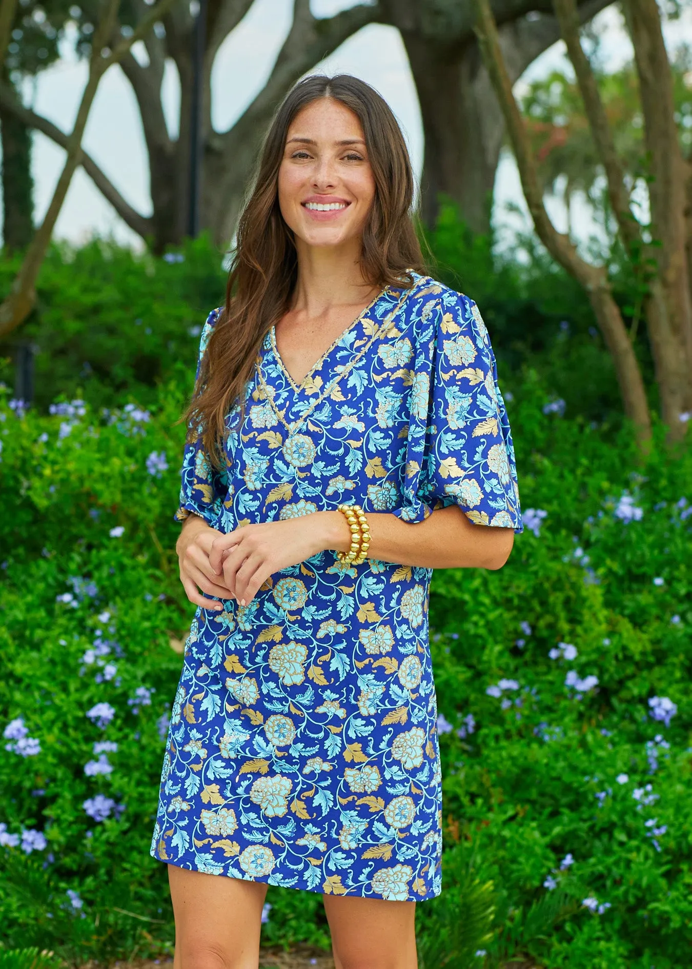 Sample - Navy Floral Metallic Embroidered Flutter Sleeve Shift Dress sold by Cabana Life