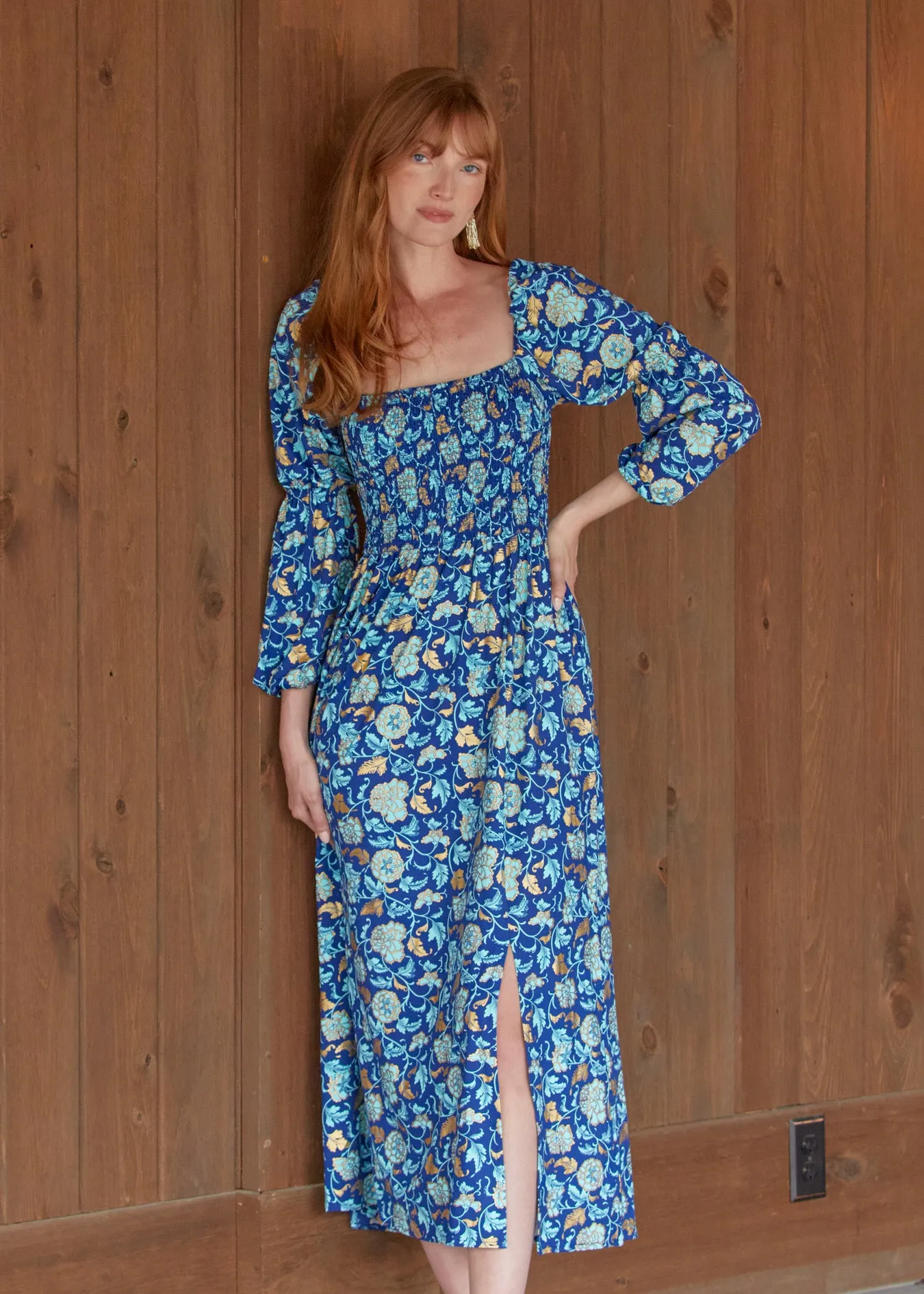 Sample - Navy Floral Metallic Puff Sleeve Maxi Dress sold by Cabana Life product image thumbnail 2