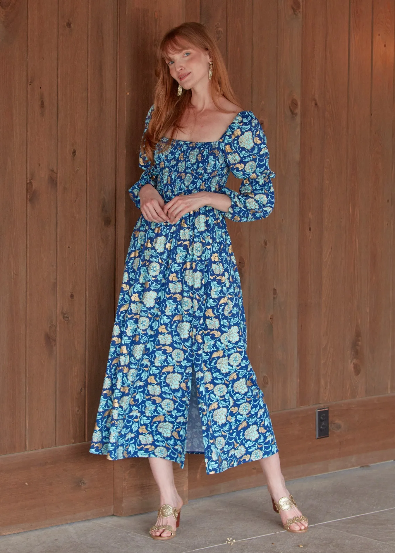 Sample - Navy Floral Metallic Puff Sleeve Maxi Dress sold by Cabana Life