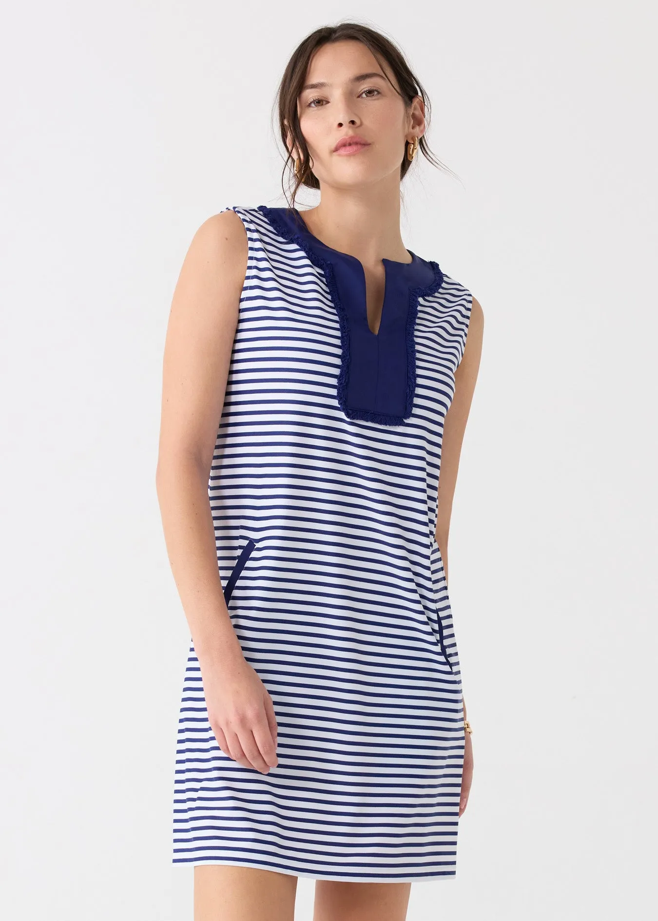 Sample - Navy Stripe Sleeveless Fringe Tunic Dress sold by Cabana Life