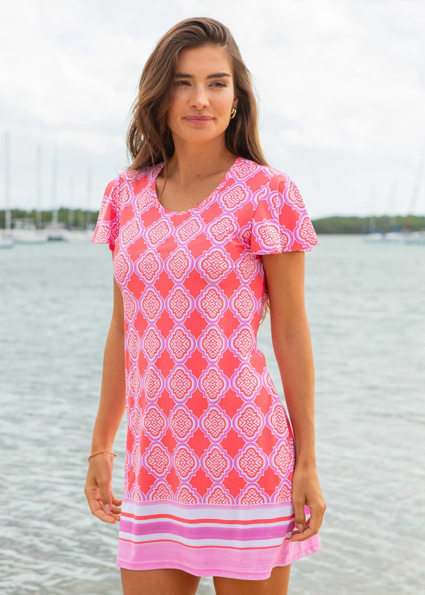 Coral Geo Ruffle Short Sleeve Dress sold by Cabana Life product image thumbnail 2