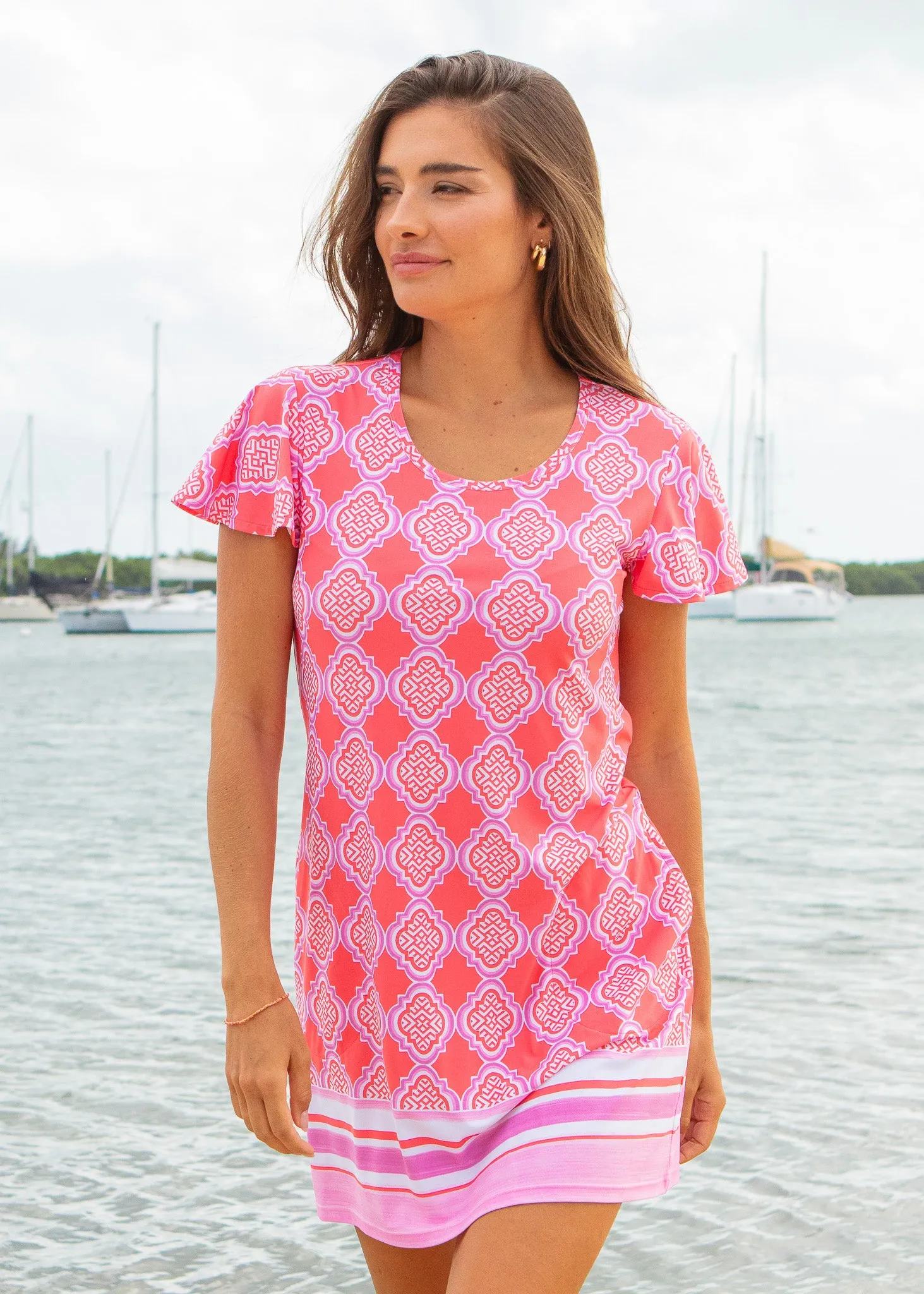 Coral Geo Ruffle Short Sleeve Dress sold by Cabana Life product image thumbnail 3