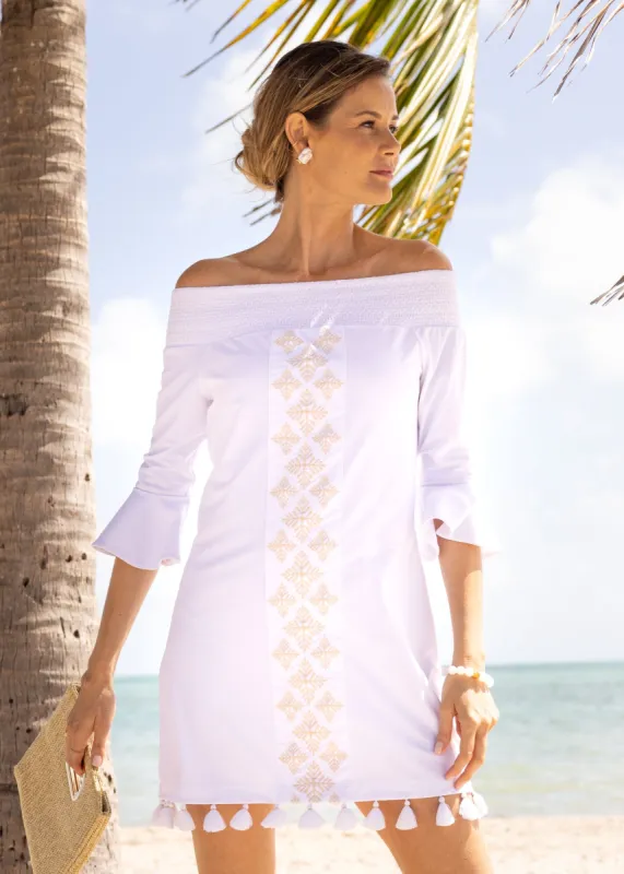 White Embroidered Off The Shoulder Dress sold by Cabana Life