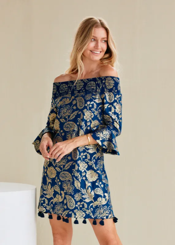 Navy Floral Metallic Off The Shoulder Dress sold by Cabana Life