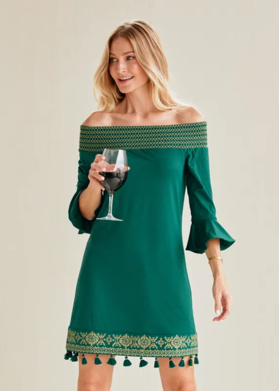 Emerald Metallic Embroidered Off The Shoulder Dress sold by Cabana Life